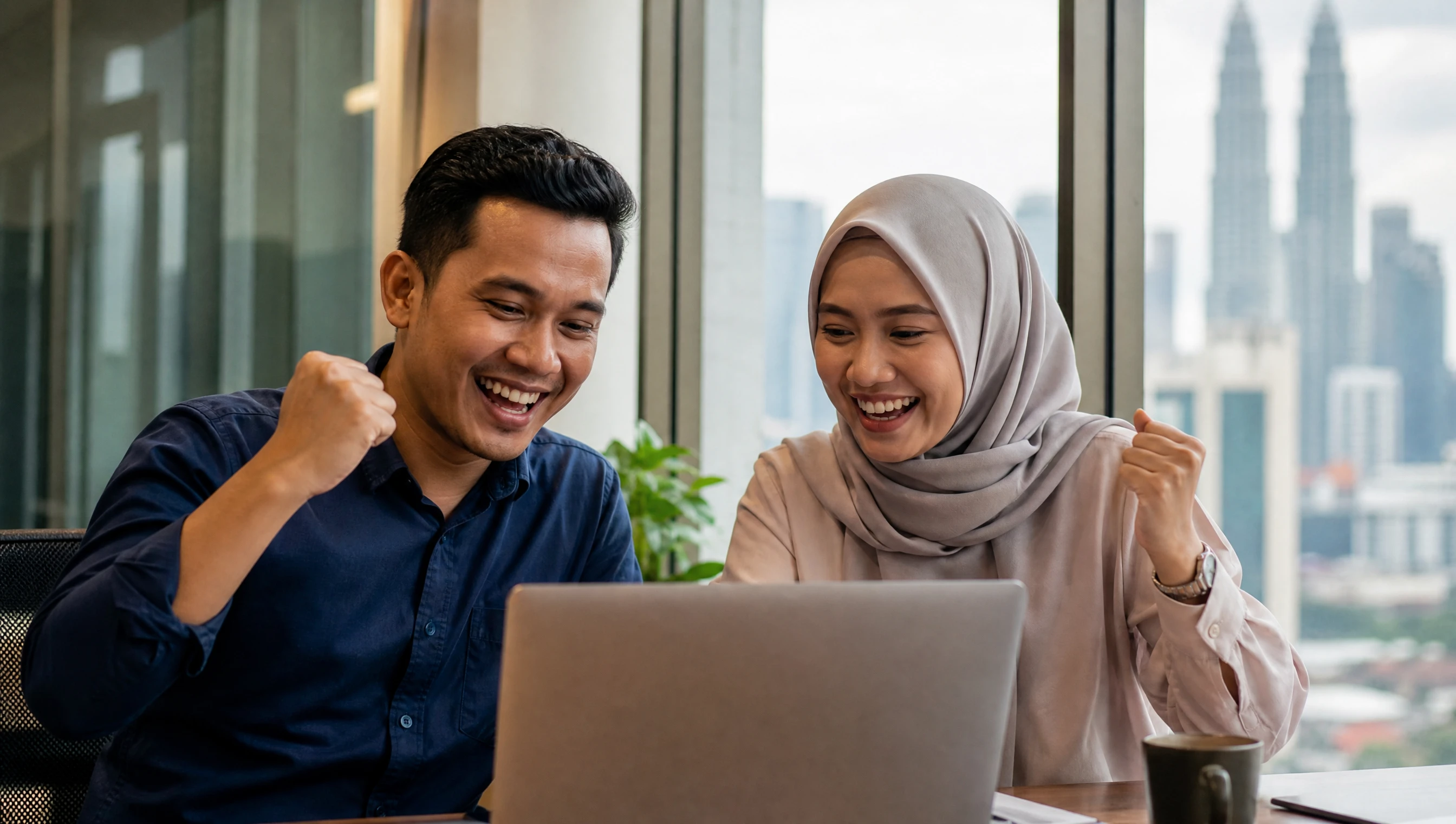 Dua rakan sekerja Malaysia meraikan kejayaan sambil melihat laptop