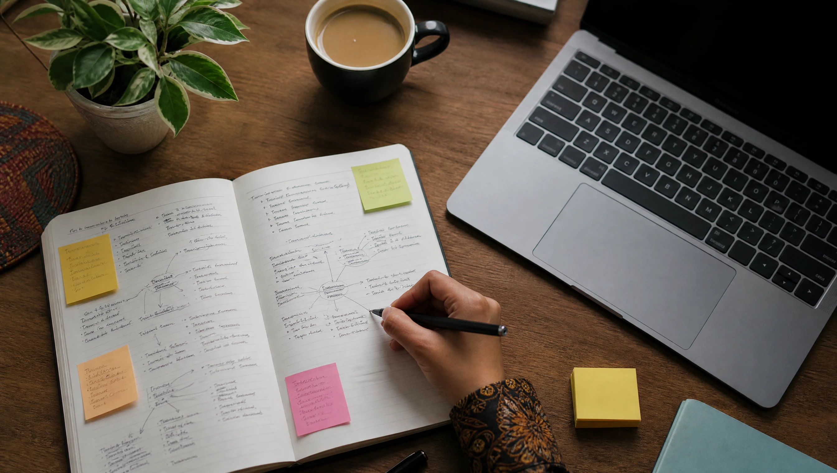 Meja perancangan kata kunci dengan buku nota, sticky notes dan laptop