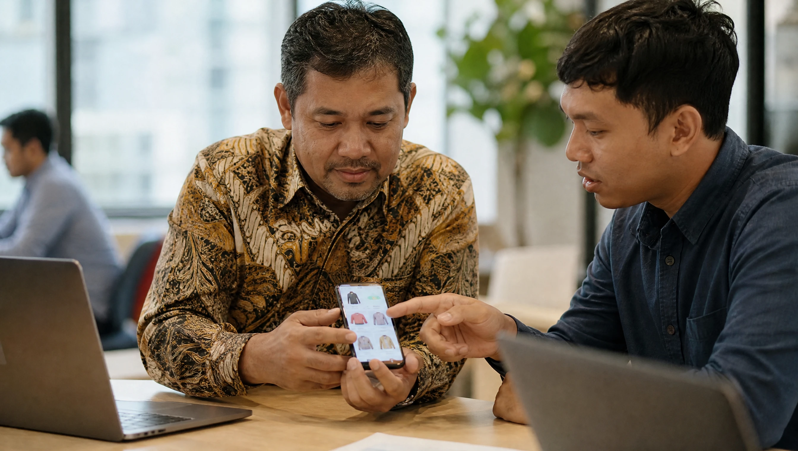 Pemilik bisnes Malaysia melihat prototaip app shopping di telefon pintar bersama pembangun app di pejabat