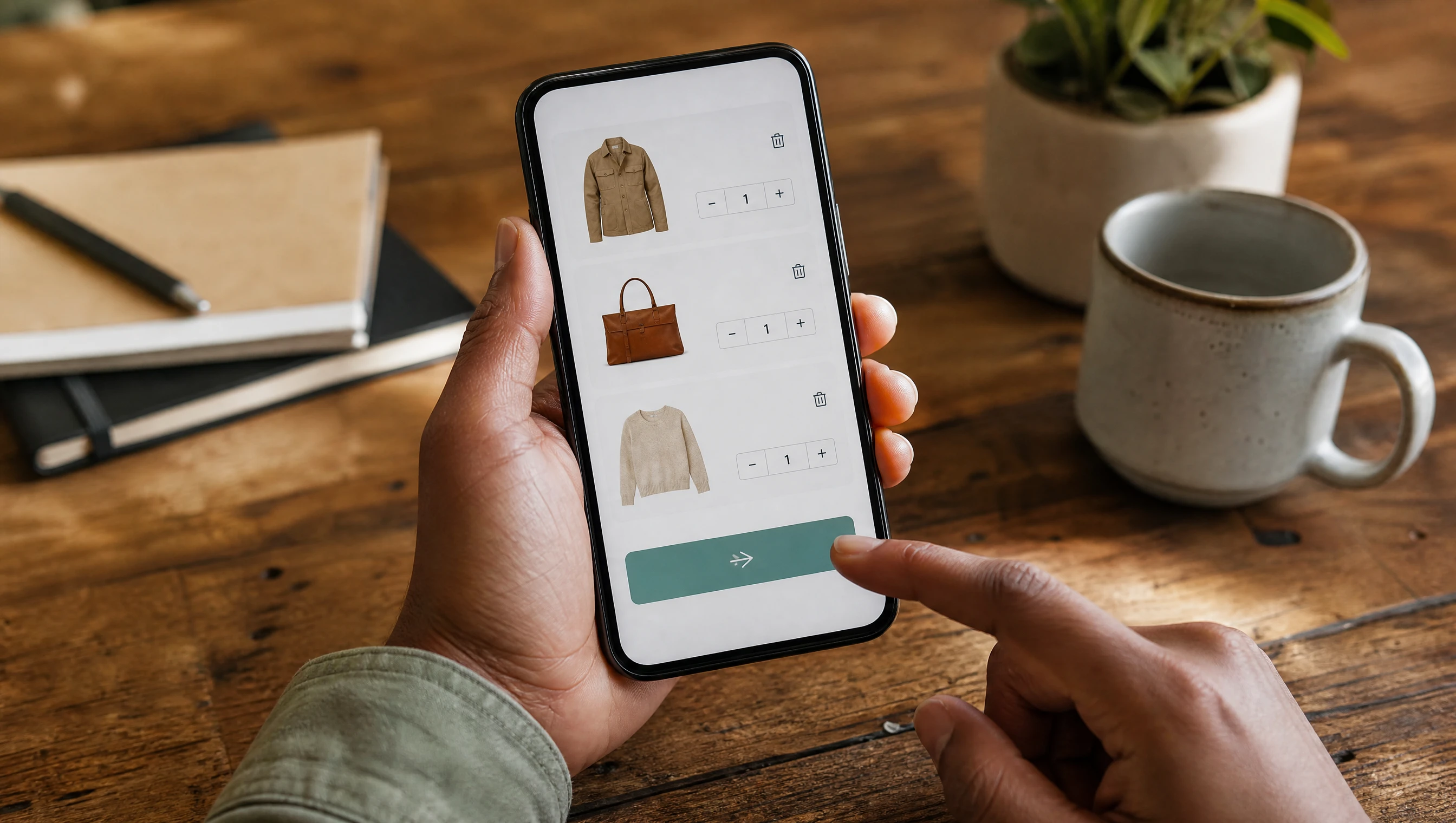 Skrin telefon menunjukkan aplikasi shopping Malaysia dengan senarai produk dan butang checkout