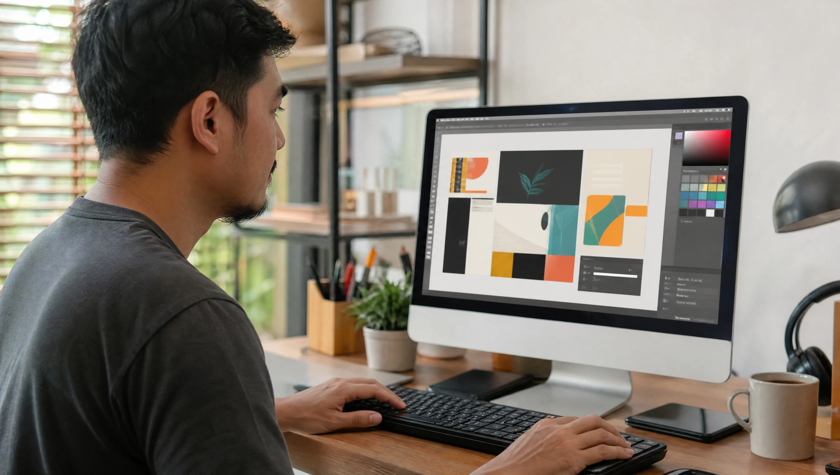 A Malaysian web designer building a website layout with colourful blocks on a large monitor