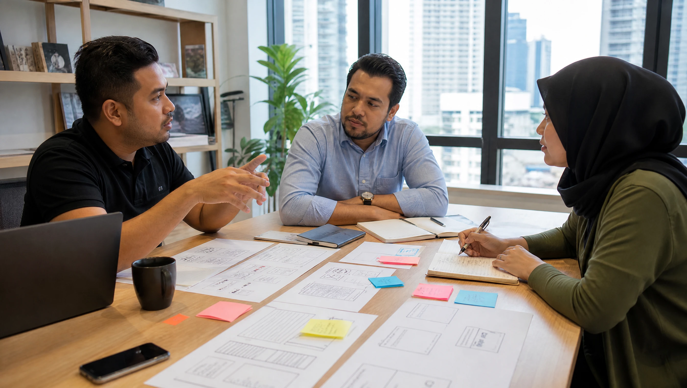 A Malaysian designer and two clients planning a website around printed wireframes and sticky notes
