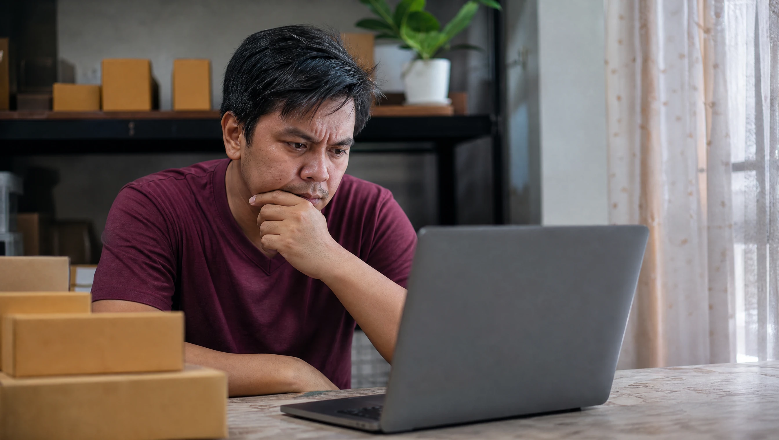 Pemilik bisnes Malaysia kelihatan kecewa melihat hasil logo di laptop