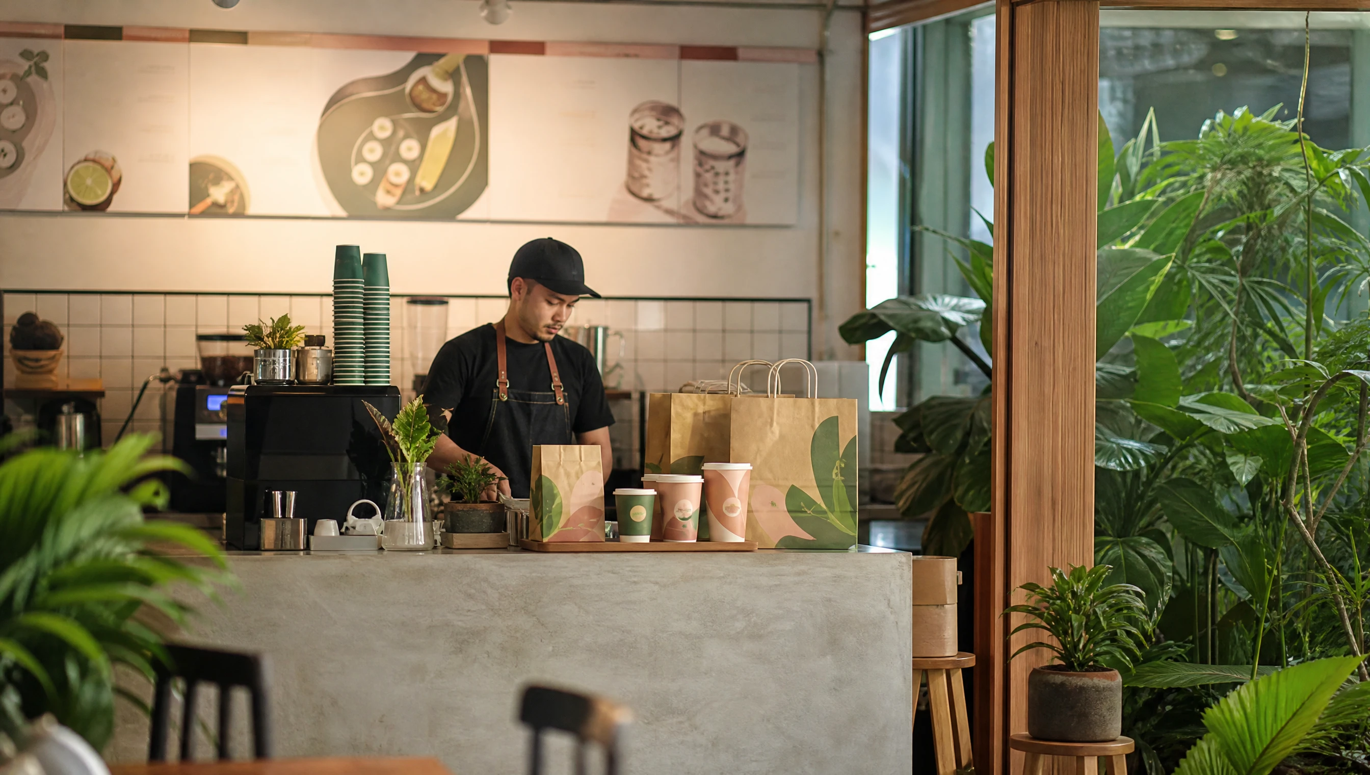 Interior kafe Malaysia dengan identiti brand profesional yang kemas dan konsisten