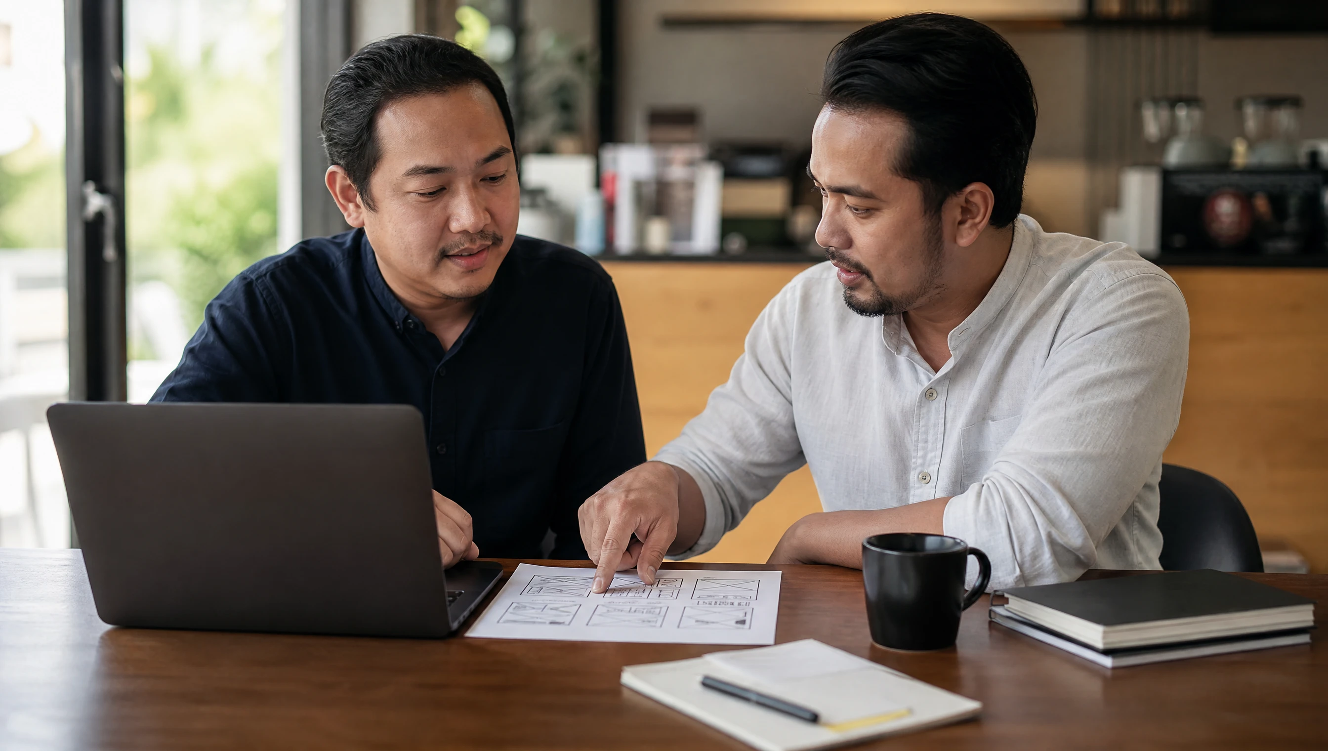 Malaysian business owner and a software consultant reviewing a laptop and a printed wireframe sketch together at a table