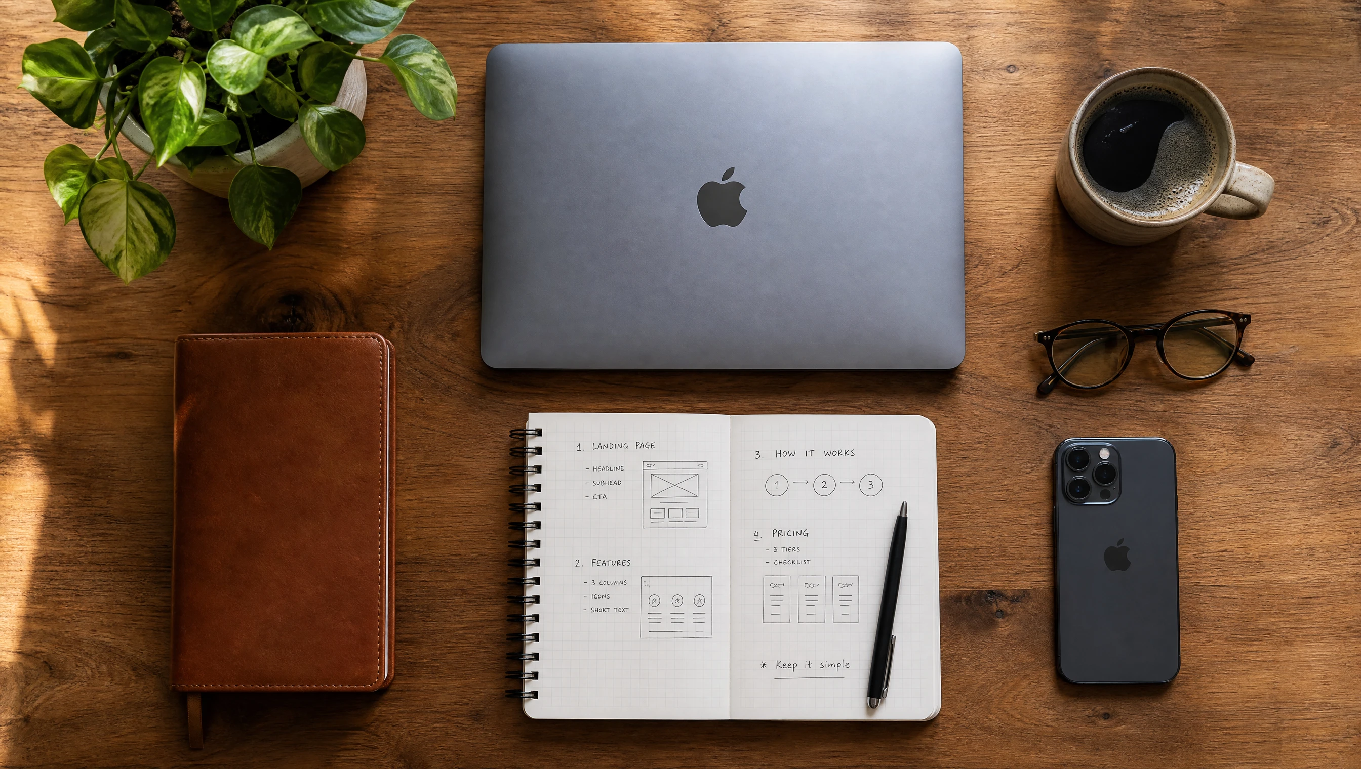 Overhead flat lay of a closed laptop, notebook with sketches, pen, coffee cup and glasses on a warm wooden desk