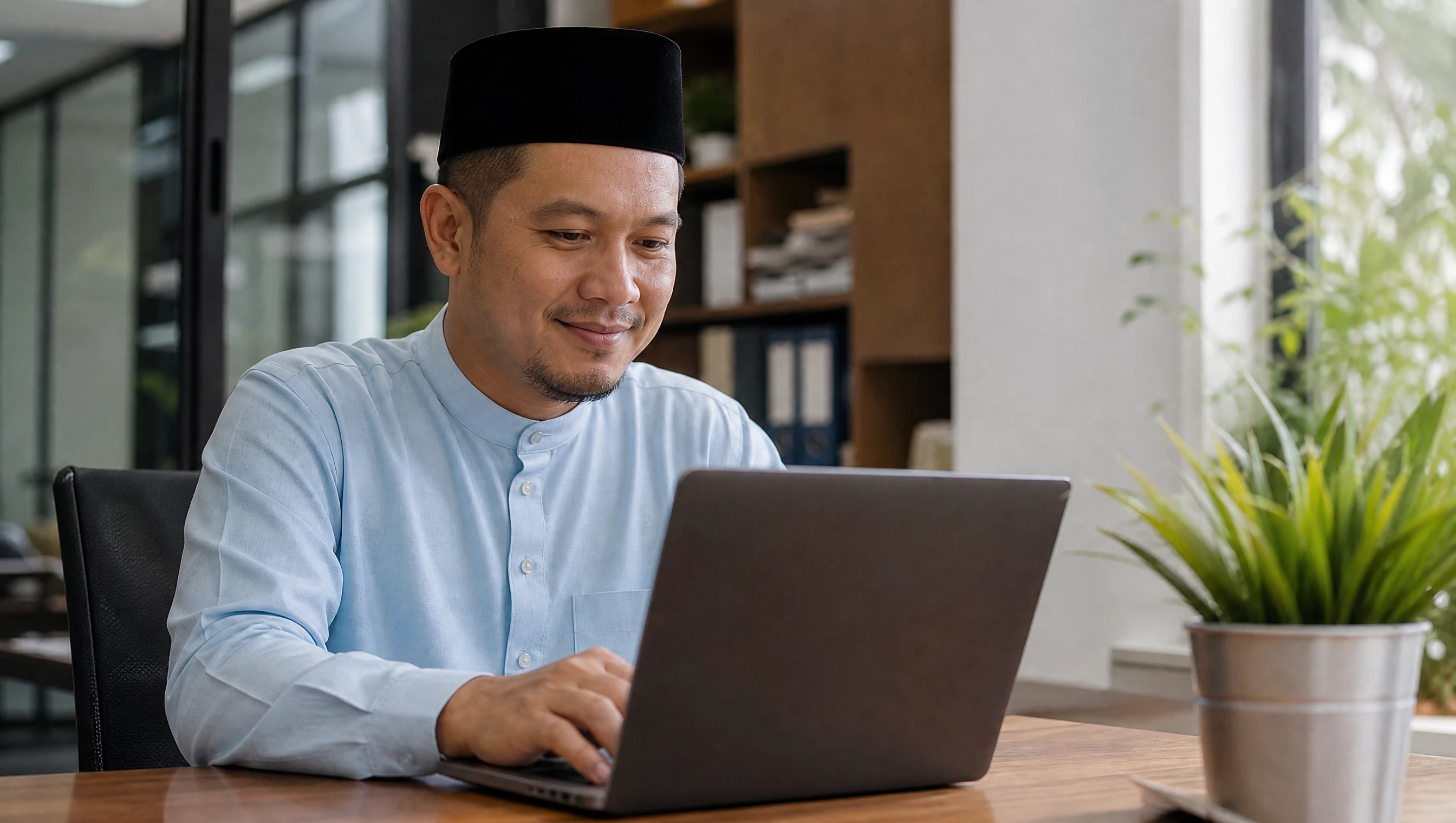 Pemilik bisnes Melayu melihat website company profile syarikat sendiri di skrin laptop di pejabat kecil