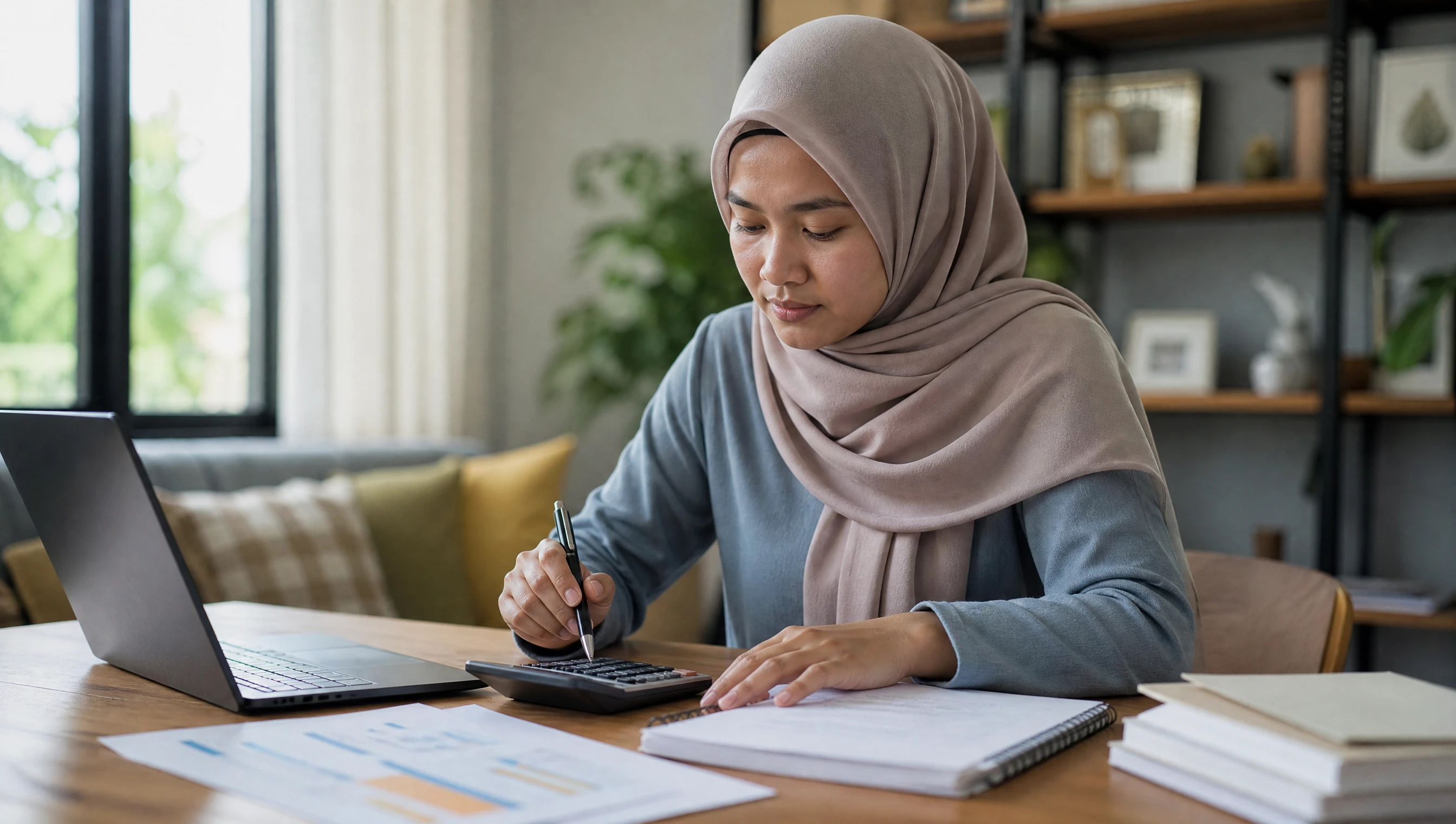 Usahawan wanita Malaysia mengira kos website menggunakan kalkulator dan buku akaun di meja pejabat