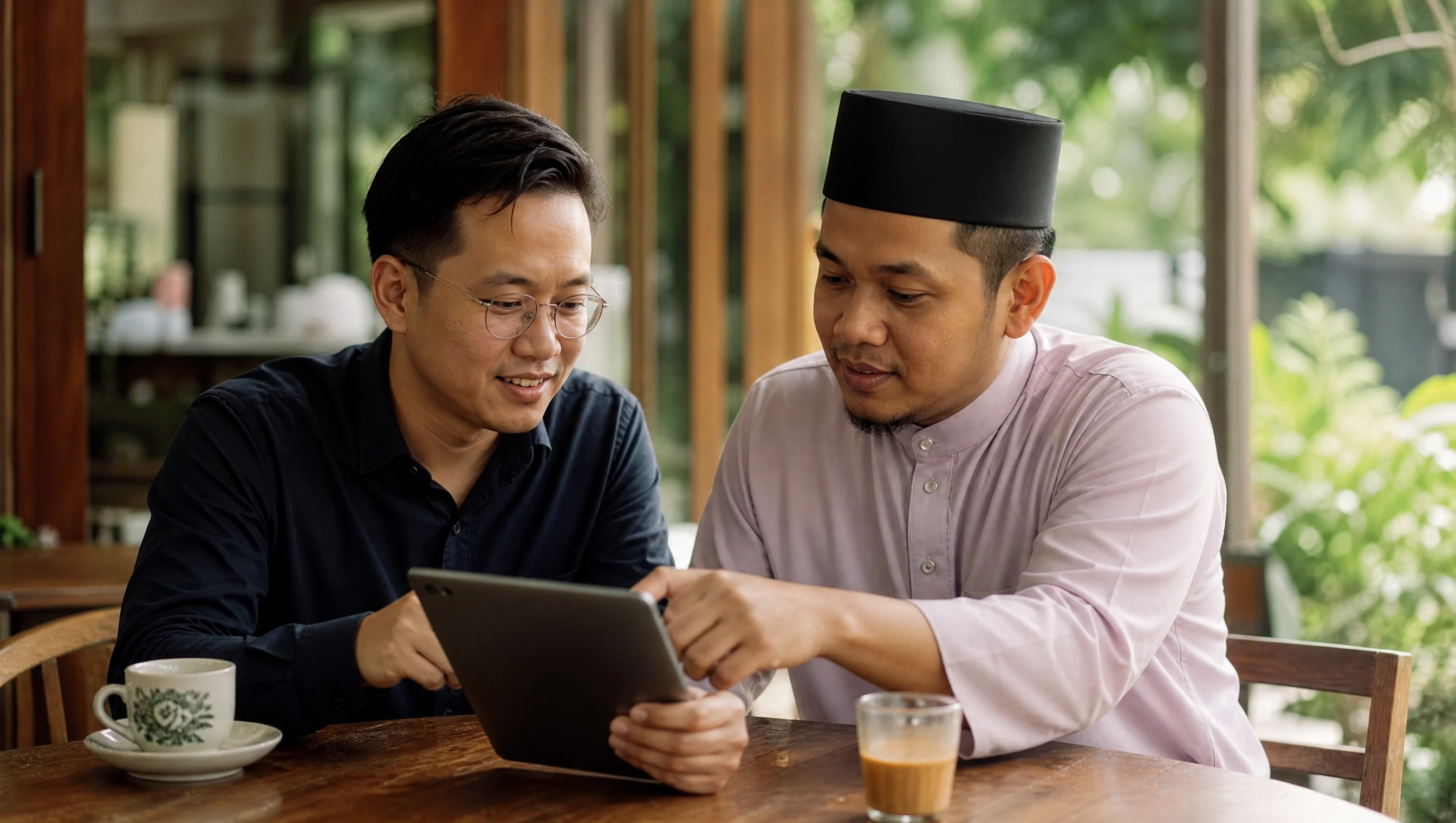 Perbincangan antara pereka website dan pelanggan Melayu melihat draf design di tablet di kafe