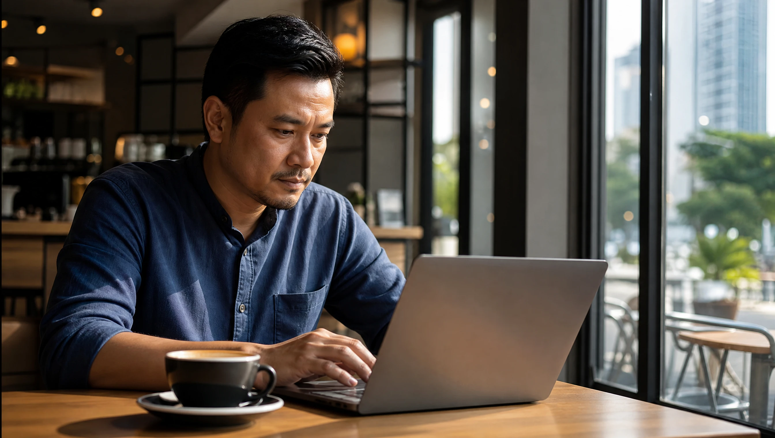 Peniaga lelaki menulis artikel blog untuk bisnes di kedai kopi Kuala Lumpur menggunakan laptop
