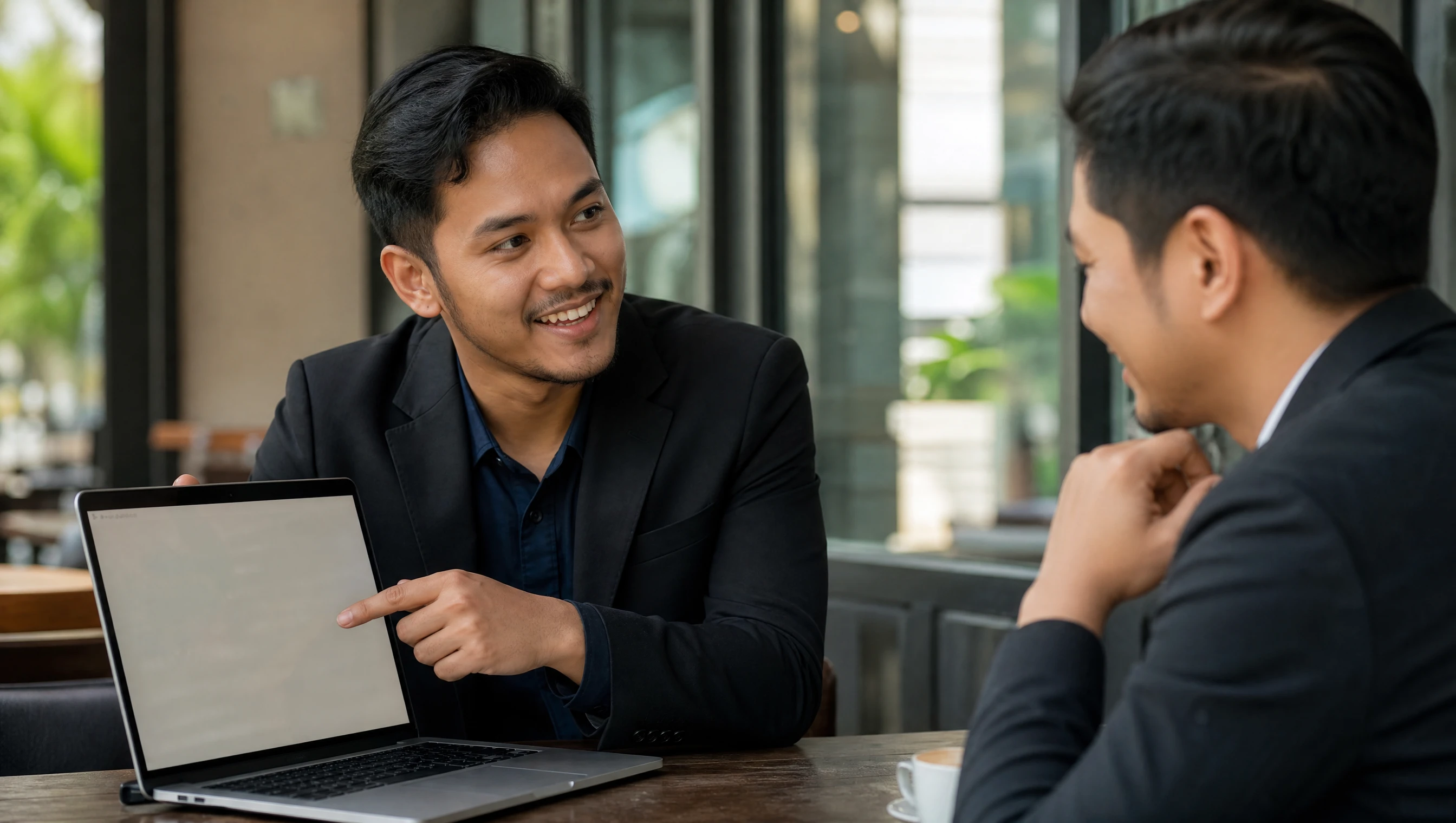 Peniaga muda Melayu sedang tunjuk skrin laptop yang memaparkan carian nama domain kepada rakan kongsi di kedai kopi Kuala Lumpur