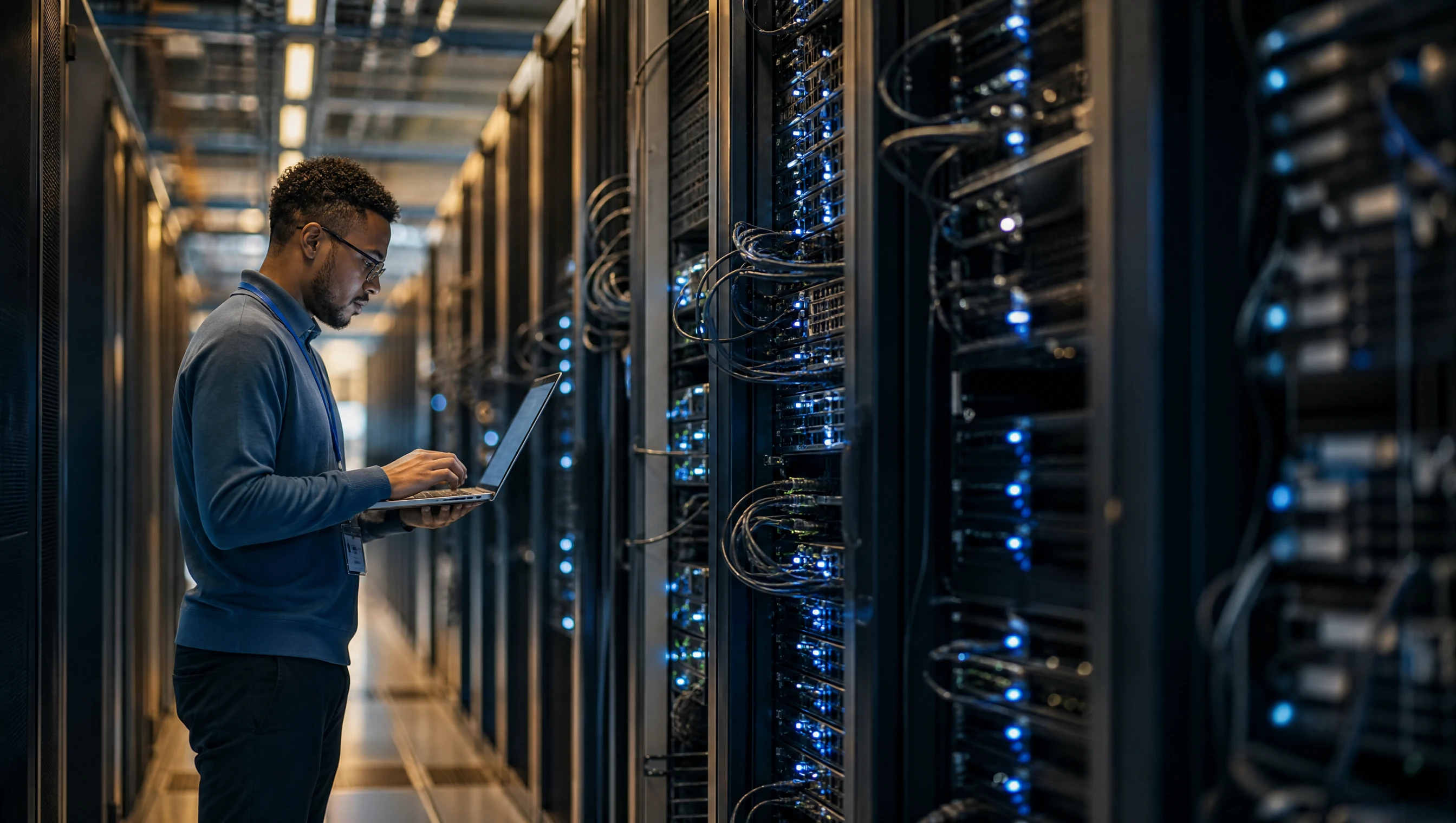 Deretan server komputer bercahaya biru di pusat data, menunjukkan tempat fizikal fail website disimpan