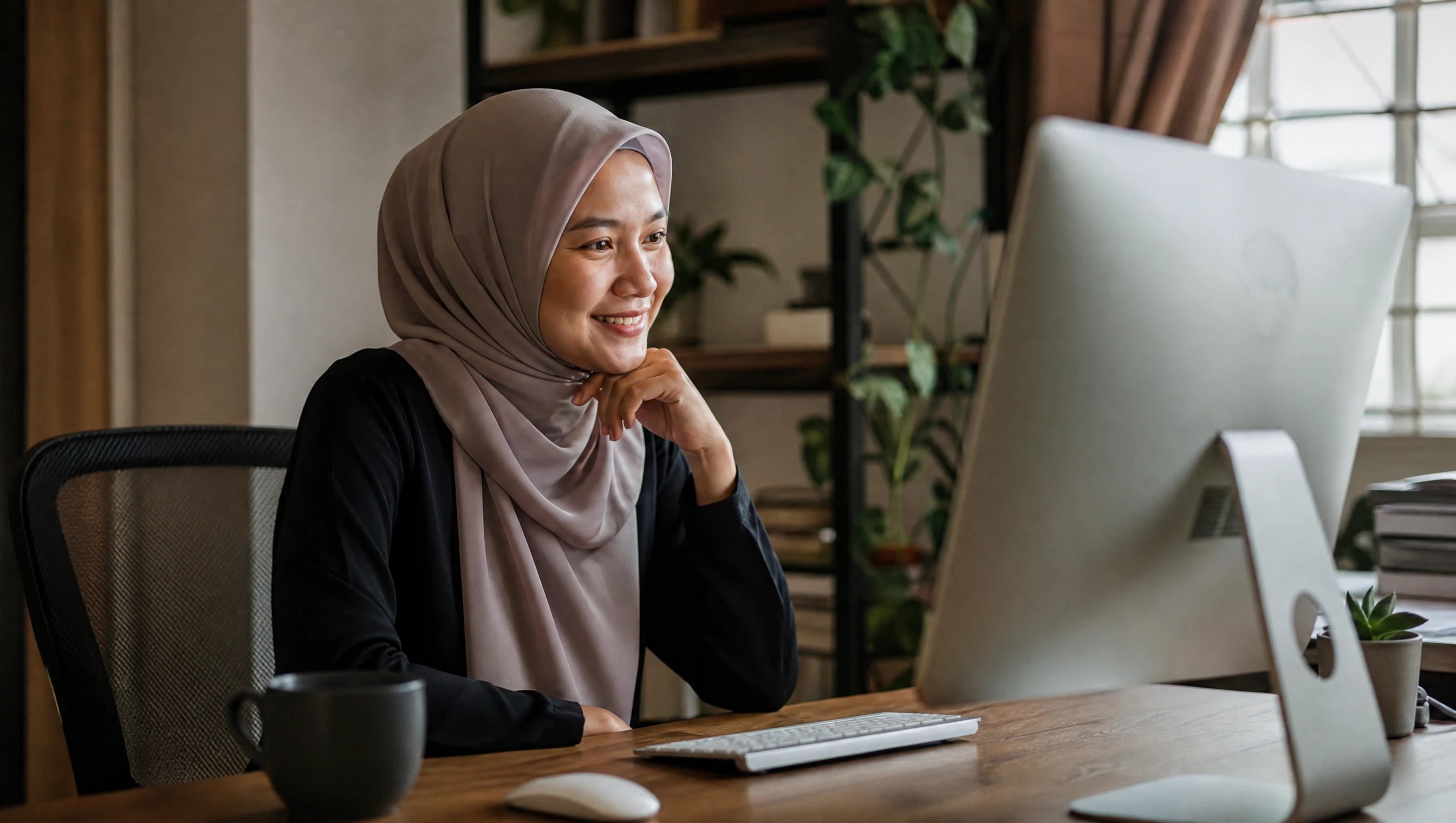 Usahawan wanita bertudung sedang senyum melihat website barunya yang siap di skrin komputer riba di pejabat kecil