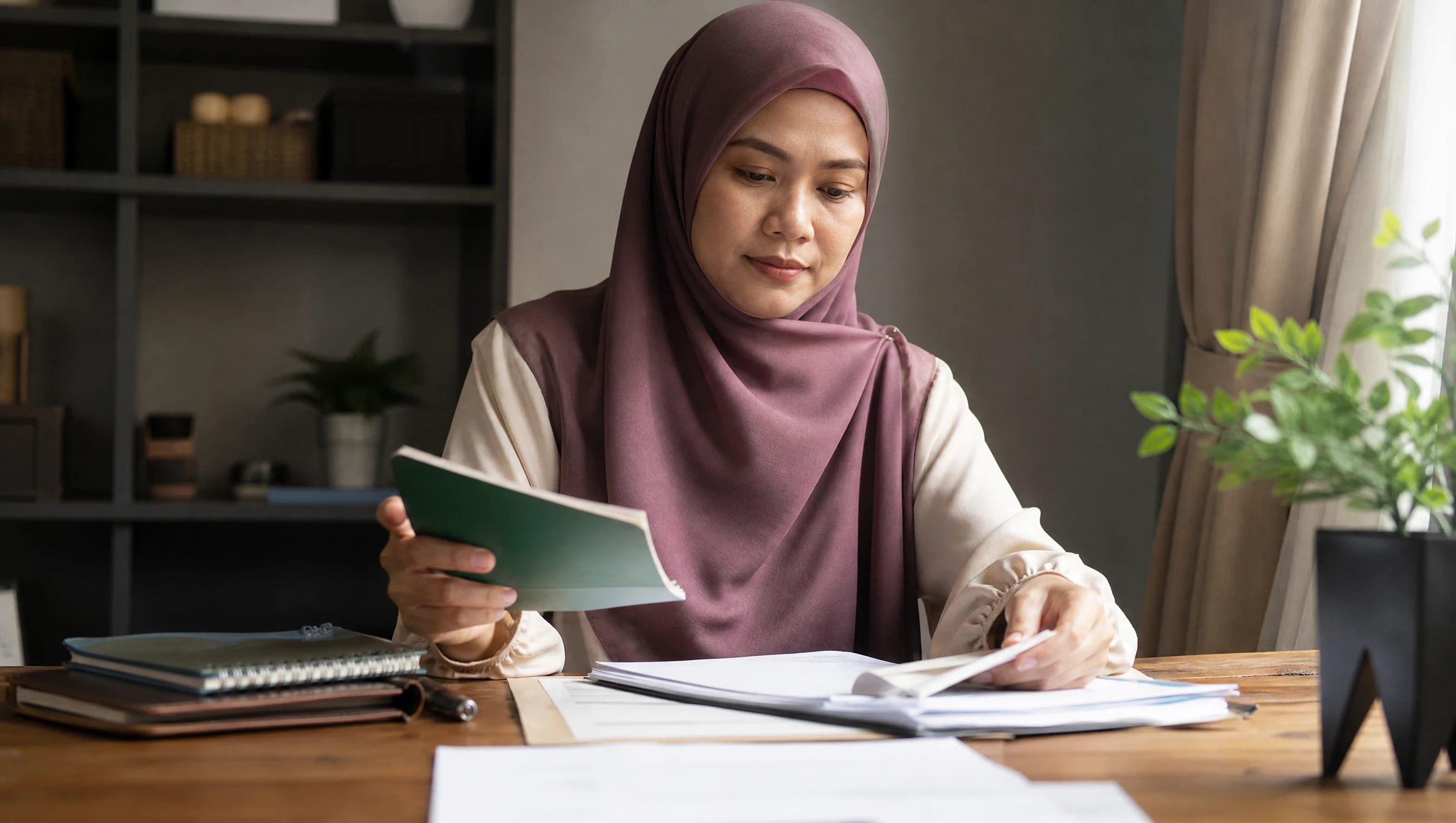 Peniaga Melayu menyusun dokumen SSM dan akaun bank untuk daftar payment gateway di meja kerja