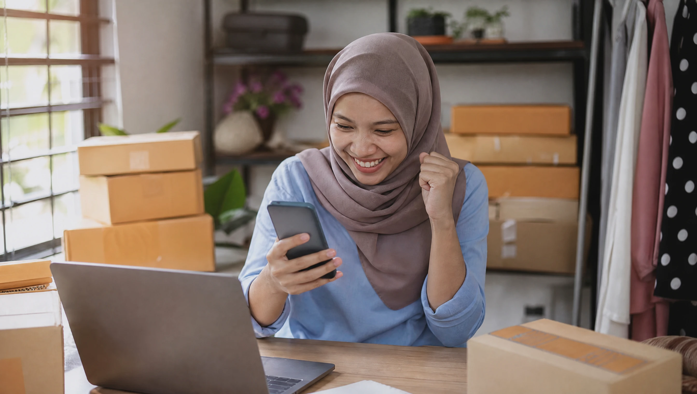 Pemilik kedai online Malaysia tersenyum melihat notifikasi bayaran berjaya masuk di telefon