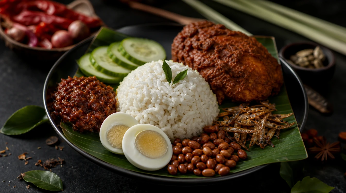 Beautifully plated Malaysian food, nasi lemak and rendang