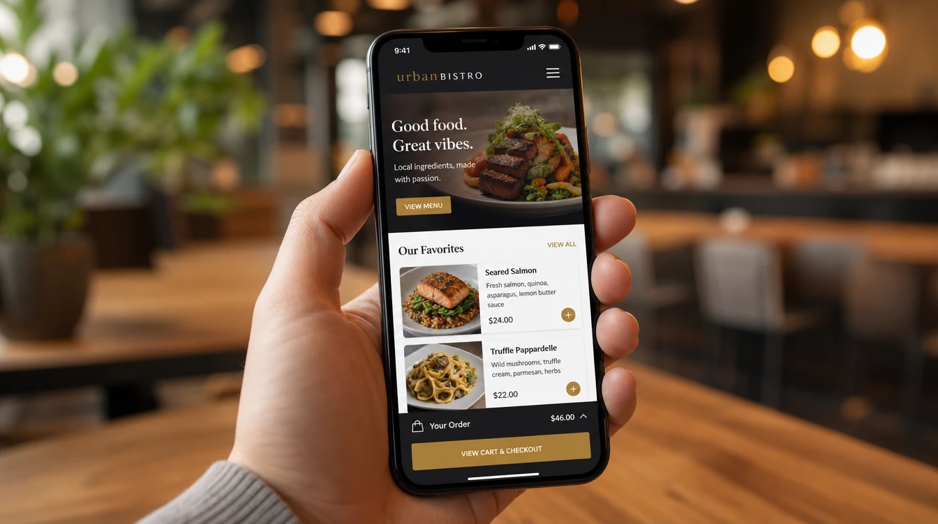 Phone showing a Malaysian restaurant website with menu and a reservation button