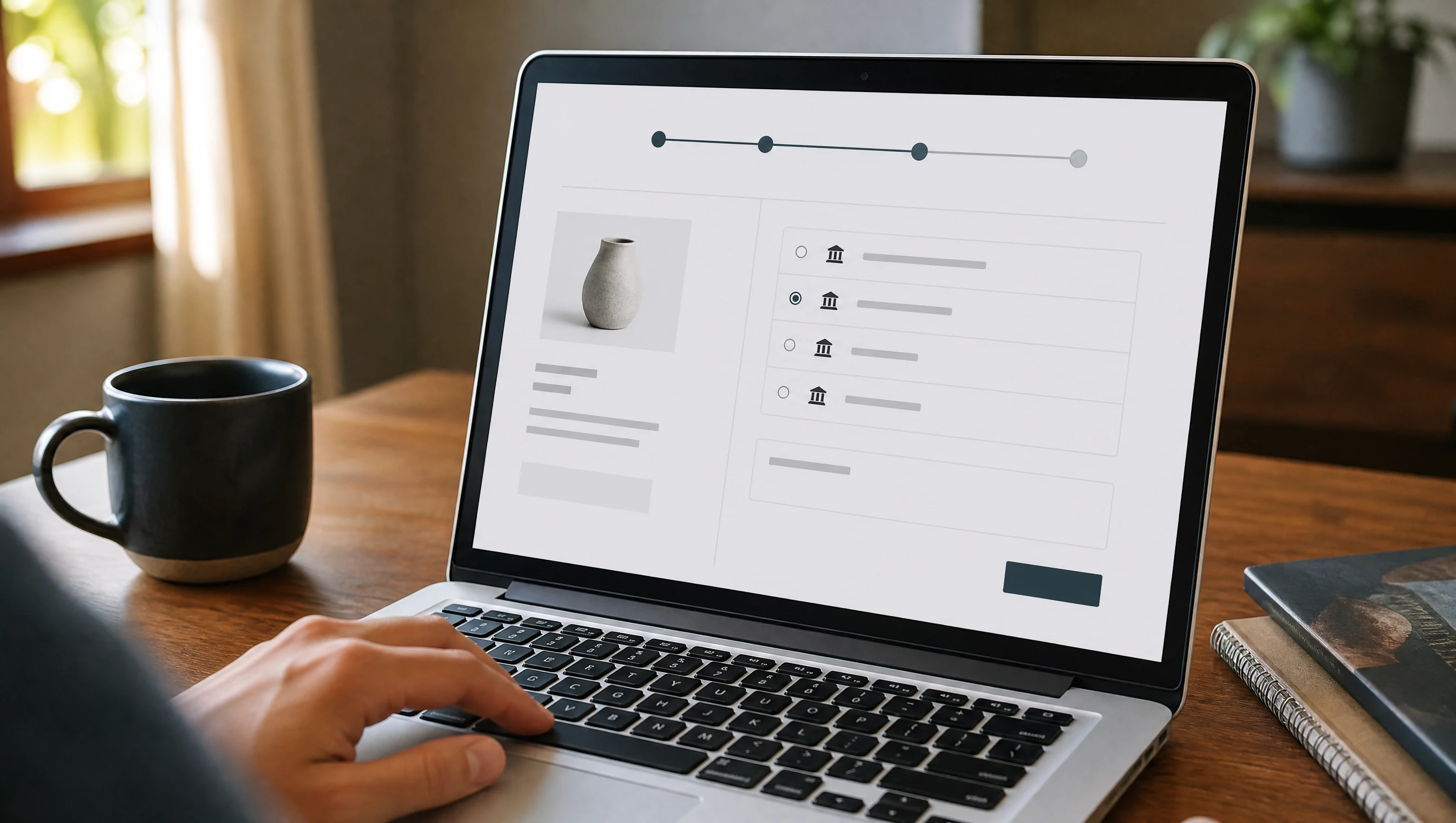 Skrin komputer riba memaparkan halaman checkout kedai online Malaysia dengan pilihan bank FPX