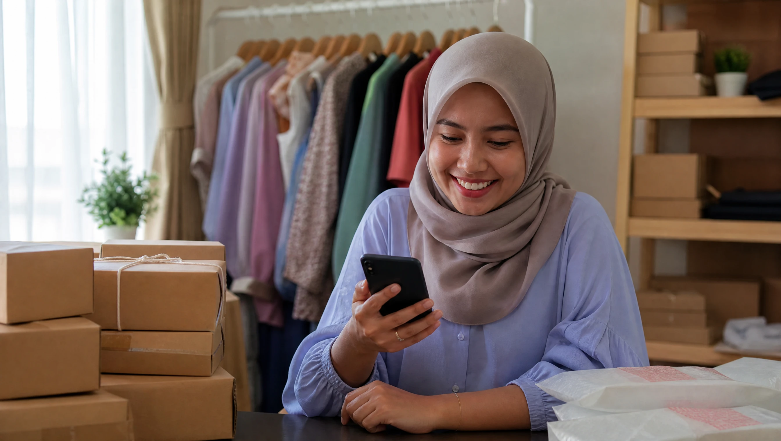Peniaga kecil Malaysia tersenyum melihat notifikasi bayaran masuk di telefon selepas jualan online