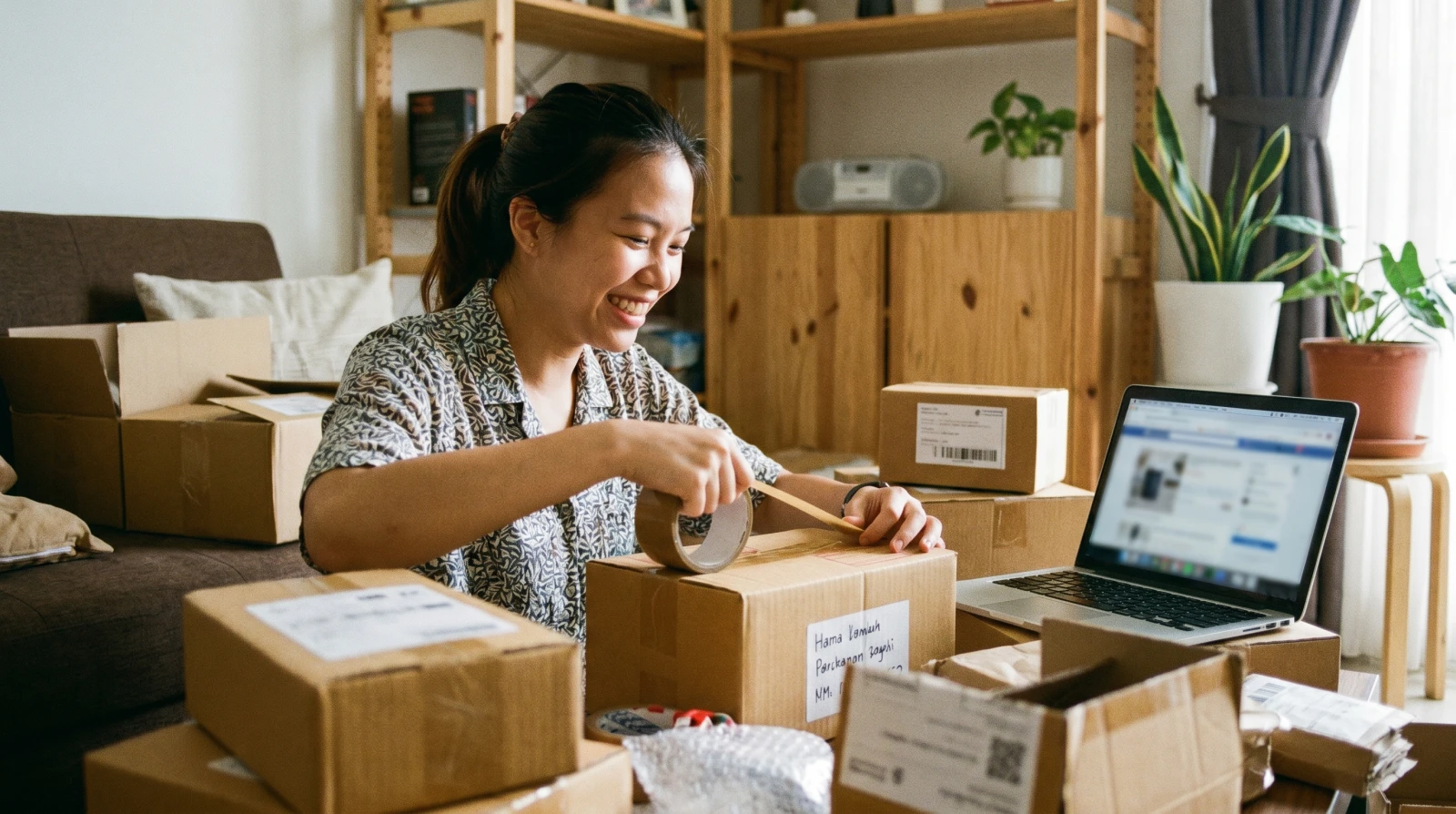 Usahawan wanita Malaysia mengemas bungkusan pesanan online di rumah dengan laptop menunjukkan kedai online