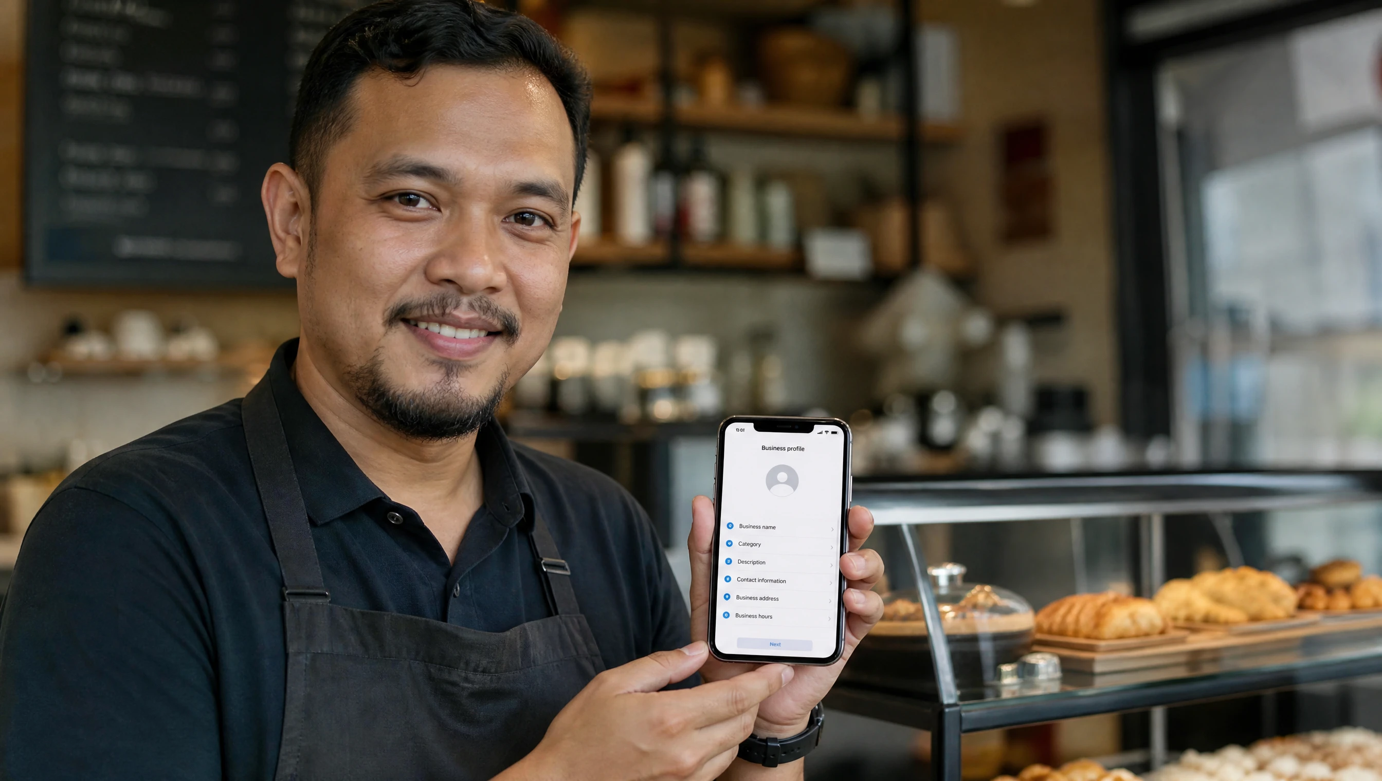 Pemilik restoran Malaysia menyediakan profil bisnes Google di telefon di dalam kedai