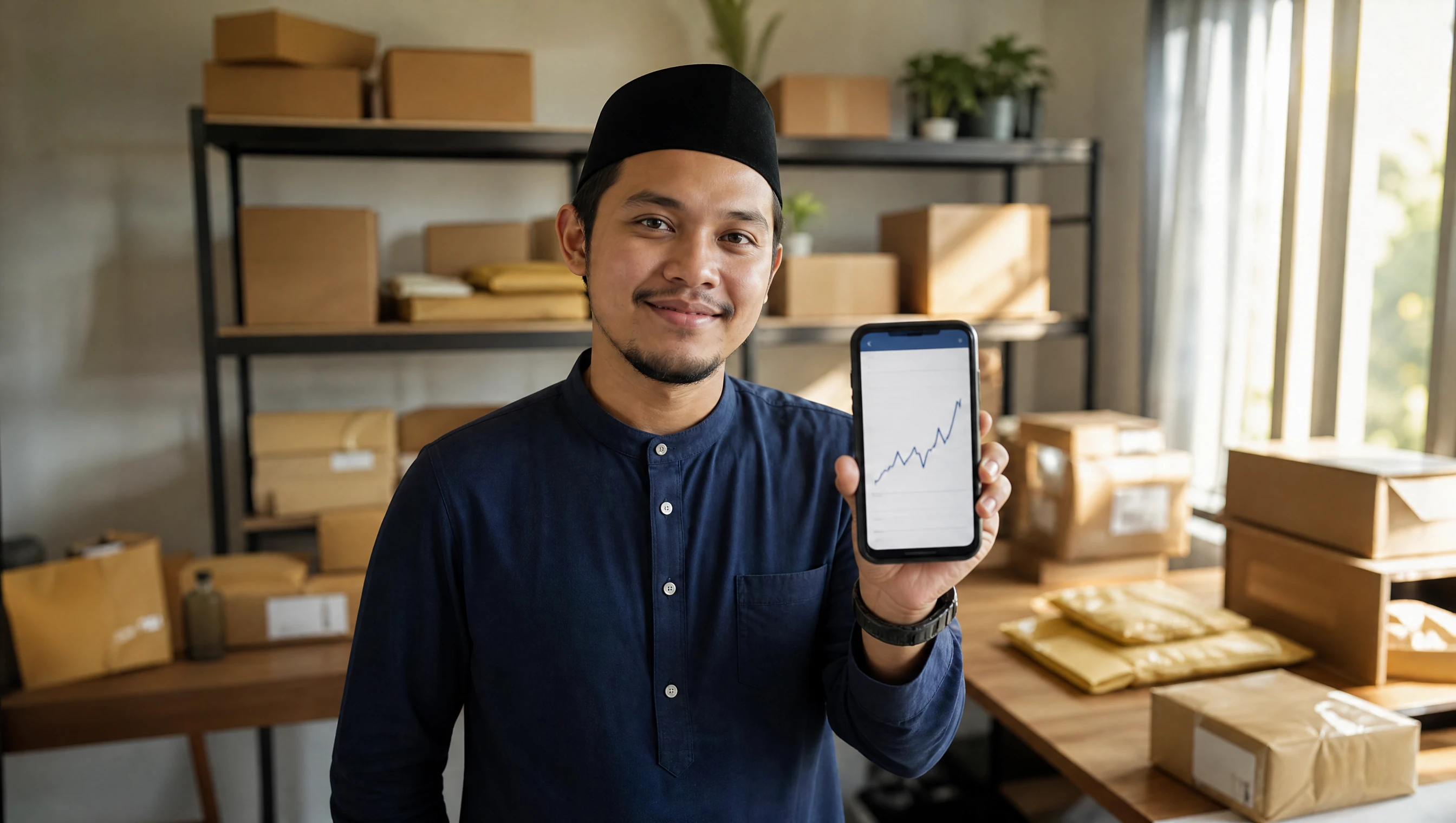 Pemilik kedai online Melayu memegang telefon menunjukkan lonjakan trafik website selepas beberapa bulan SEO