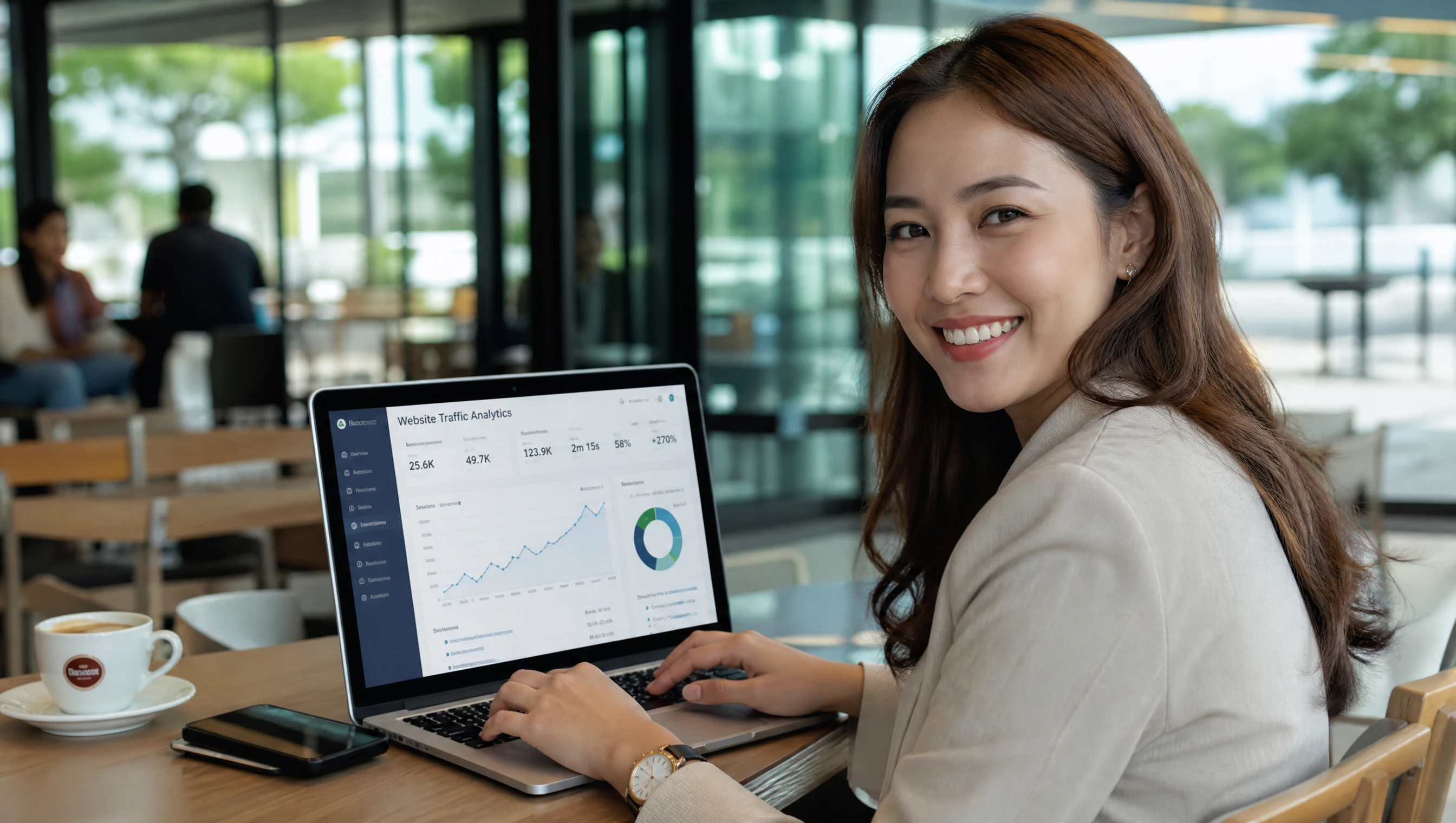 Usahawan wanita Malaysia melihat data analitik pertumbuhan website pada laptop di kafe moden yang cerah