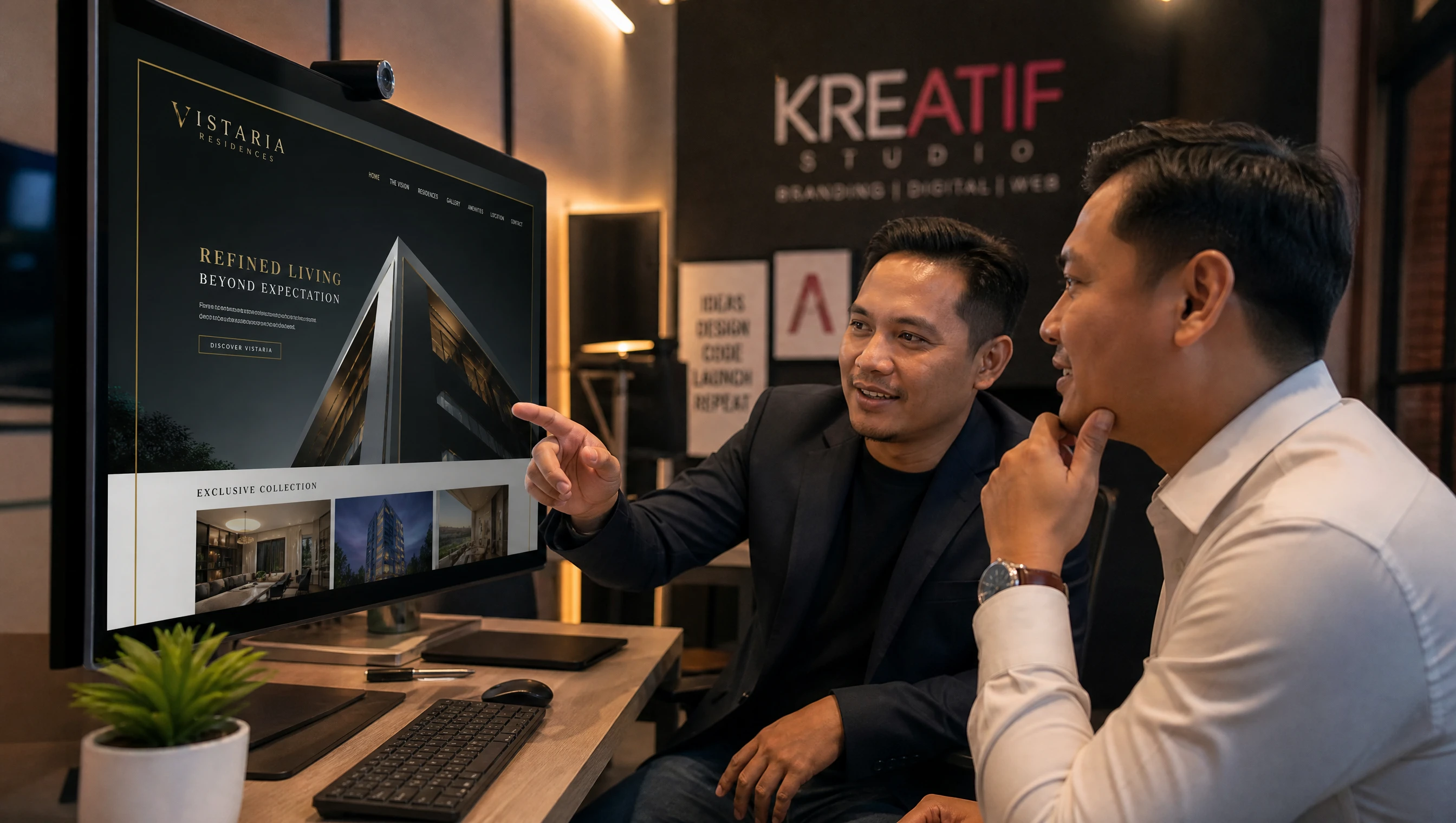 Web designer Malaysia membentangkan design website premium kepada klien perniagaan di studio kreatif di KL