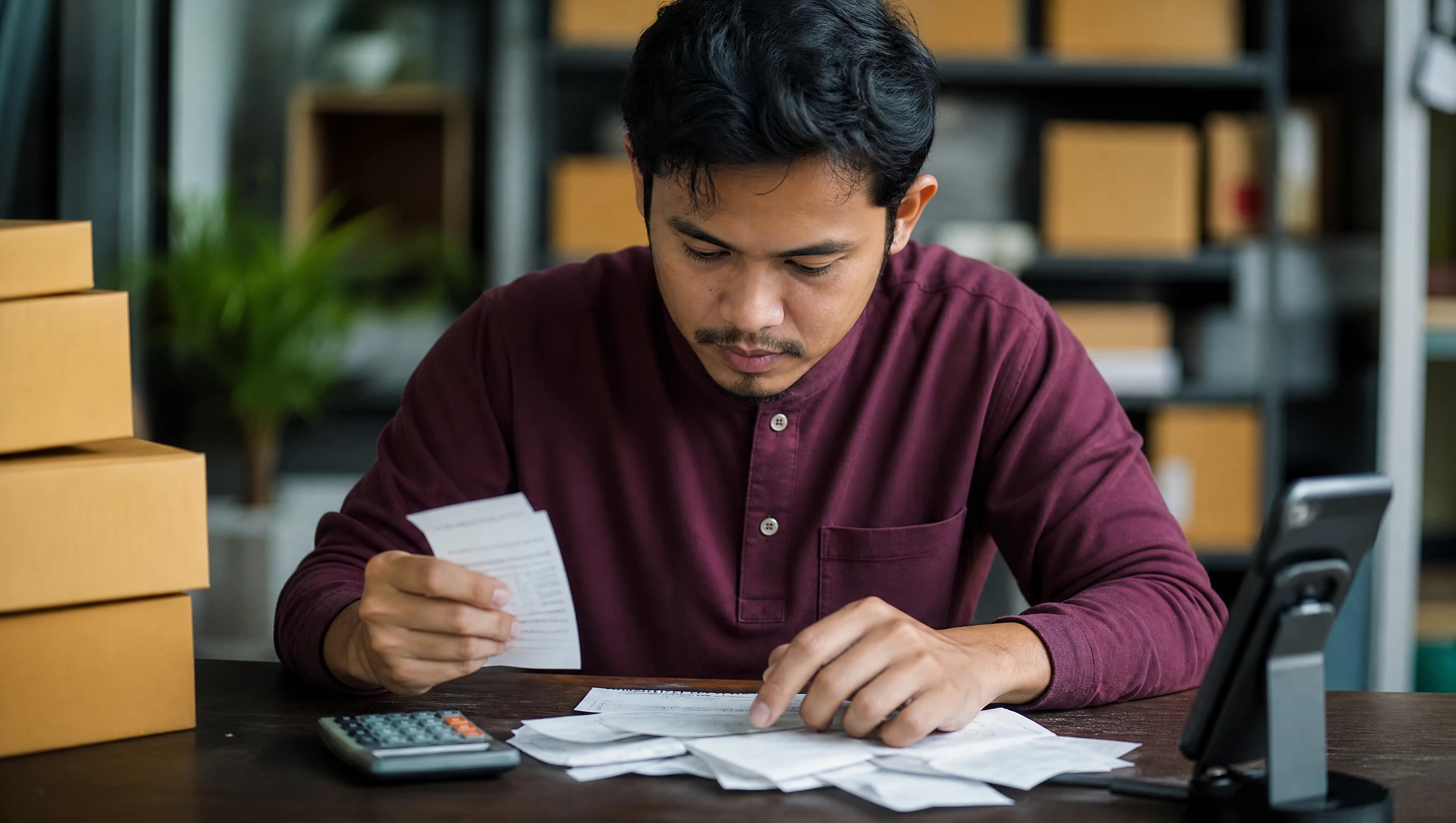 Peniaga lelaki Melayu mengira resit dan untung jualan online di meja dengan kalkulator dan telefon