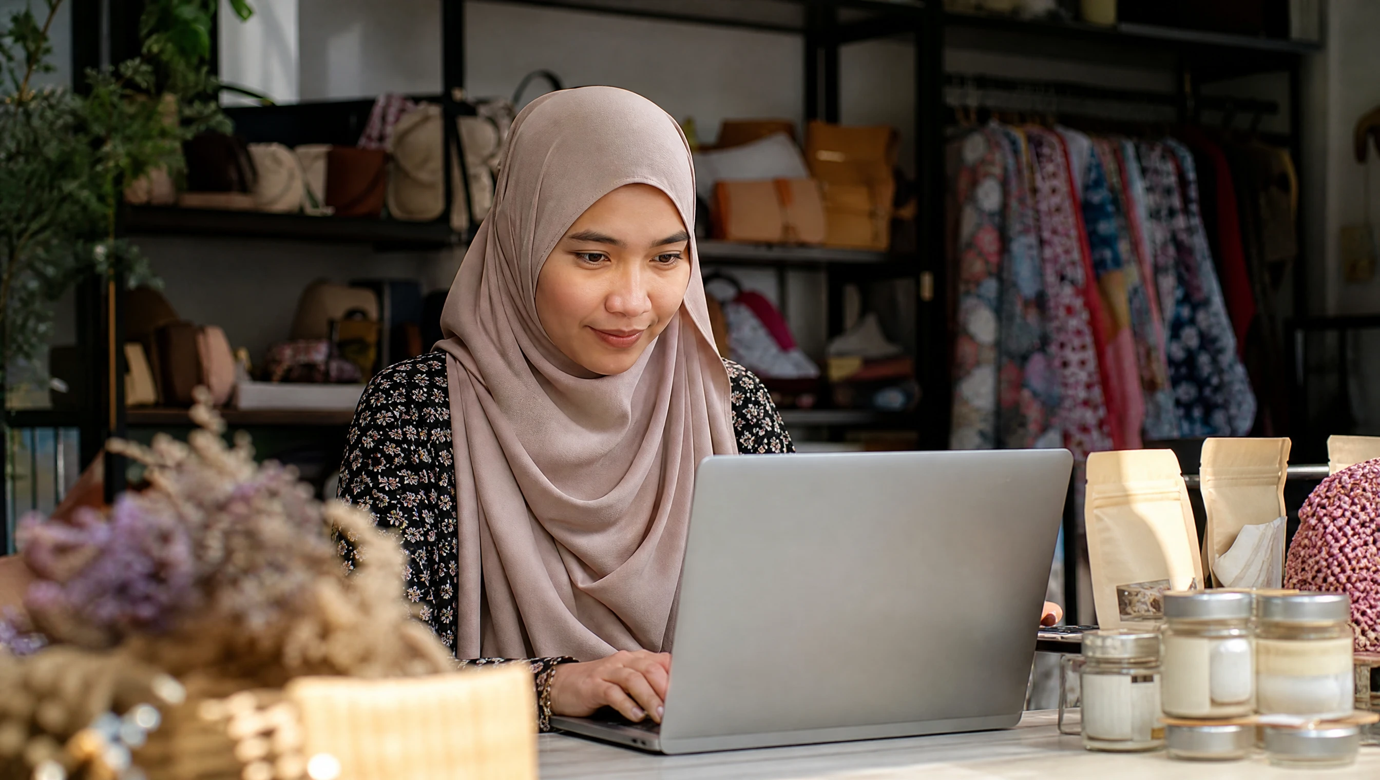 Usahawan wanita Malaysia menguruskan pesanan online dari website sendiri dan platform di dalam stor kecil