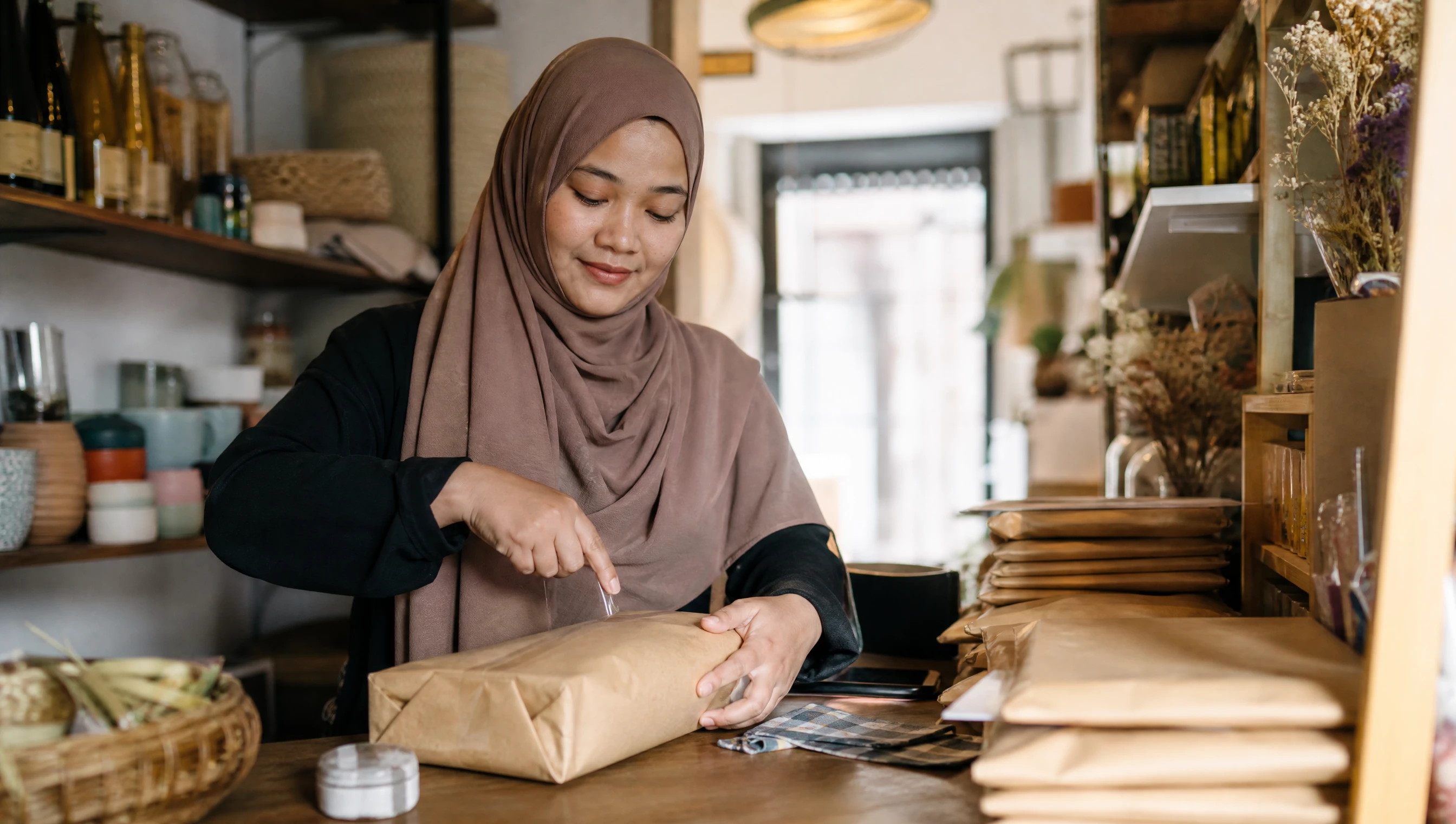 Peniaga wanita Melayu membungkus tempahan online di kedai kecil di Shah Alam