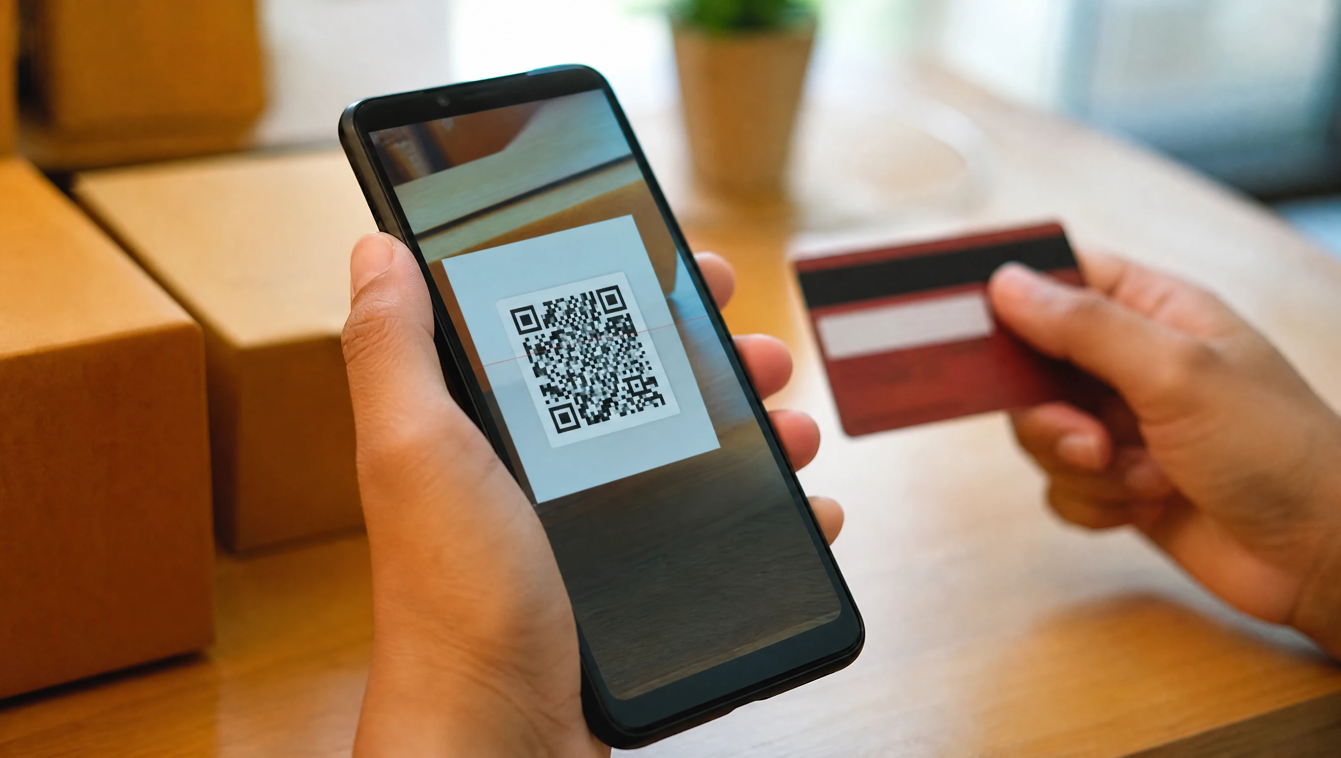 Tangan pelanggan Malaysia scan DuitNow QR untuk bayar tempahan online guna telefon