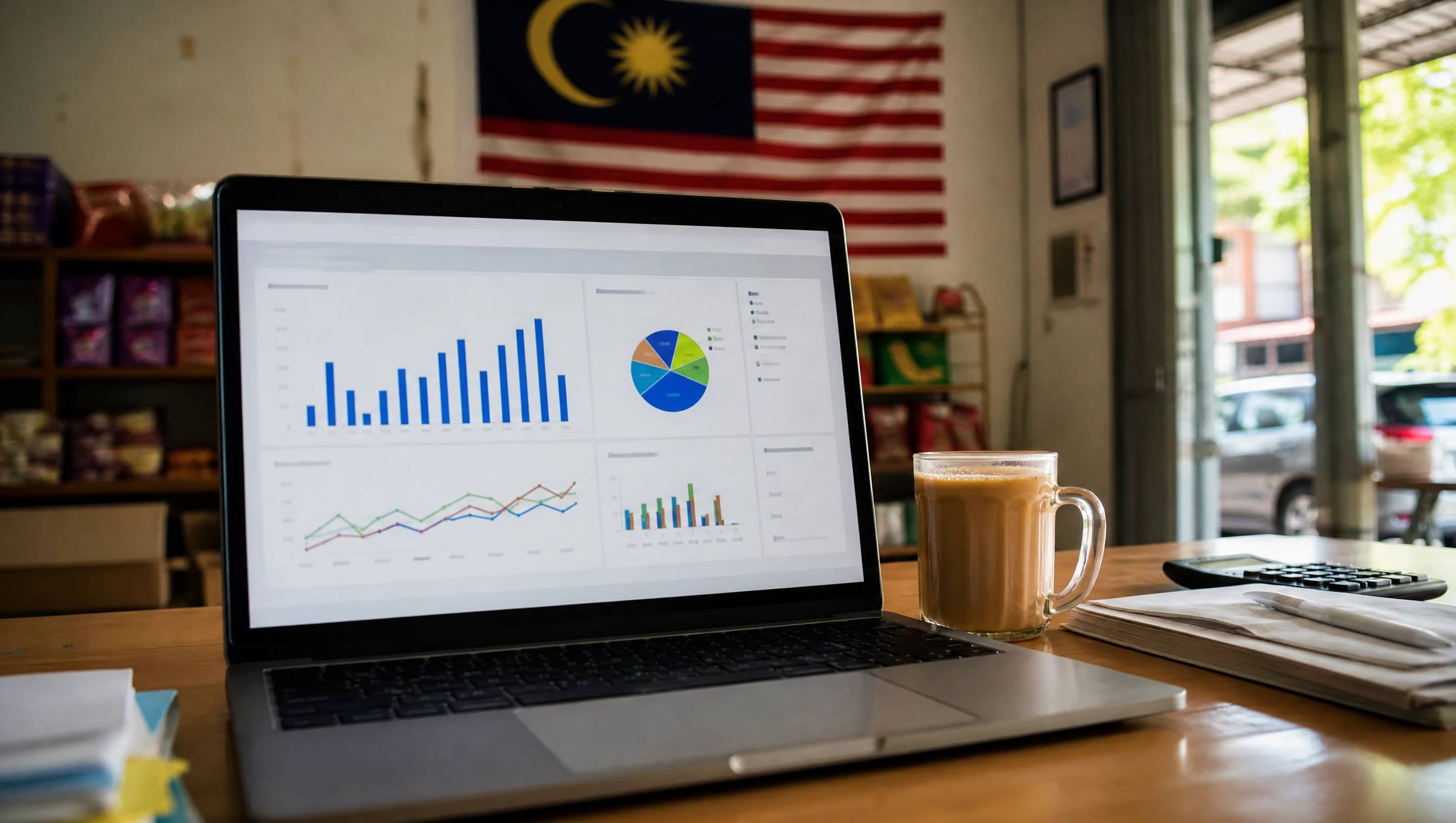 Skrin laptop menunjukkan dashboard jualan kedai online sebuah bisnes Malaysia