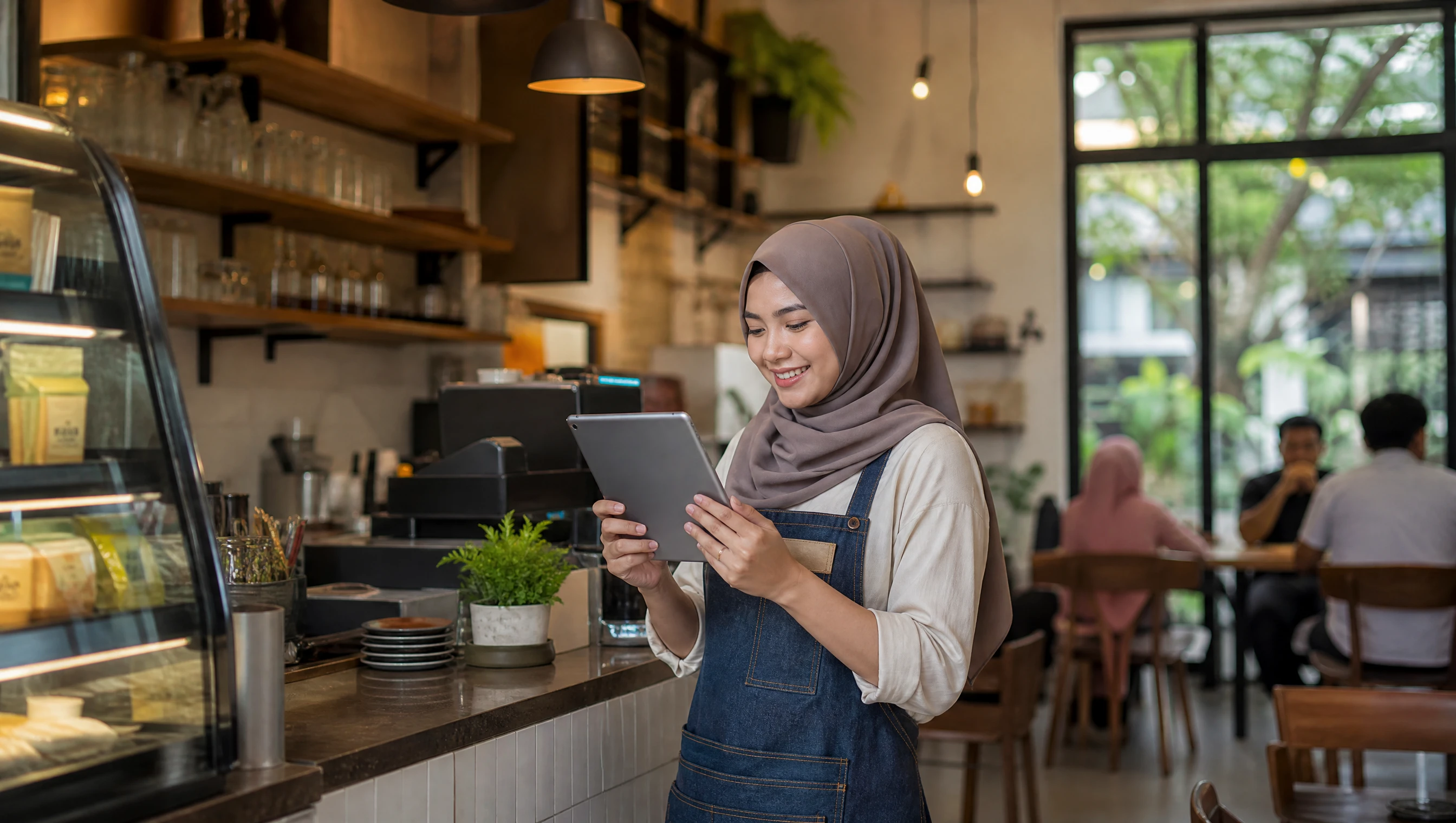 Pemilik kafe Malaysia yang tenang dan gembira menyemak tablet di kaunter