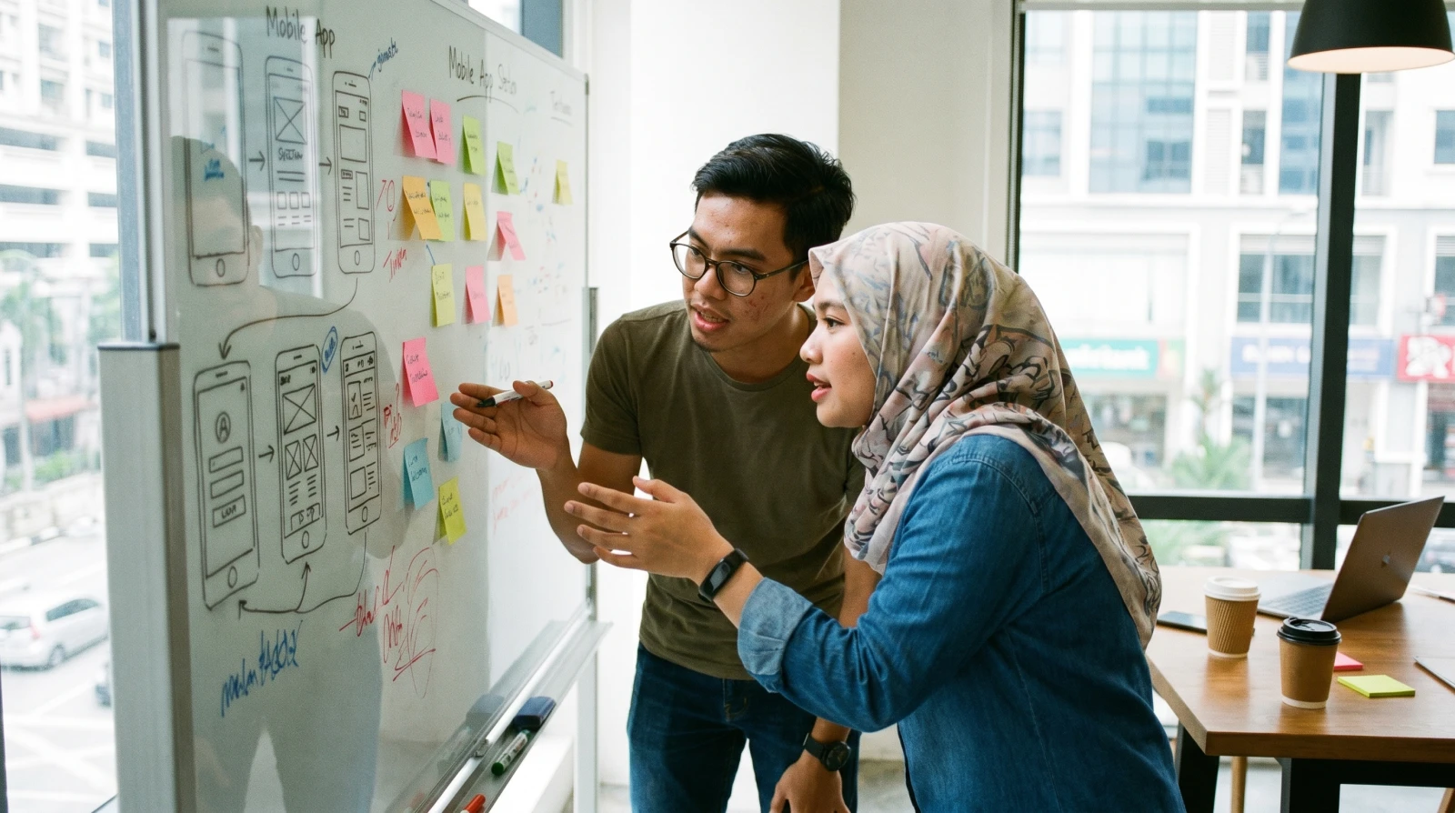 Pasukan pembangun aplikasi Malaysia berbincang wireframe app pada papan kaca di studio moden