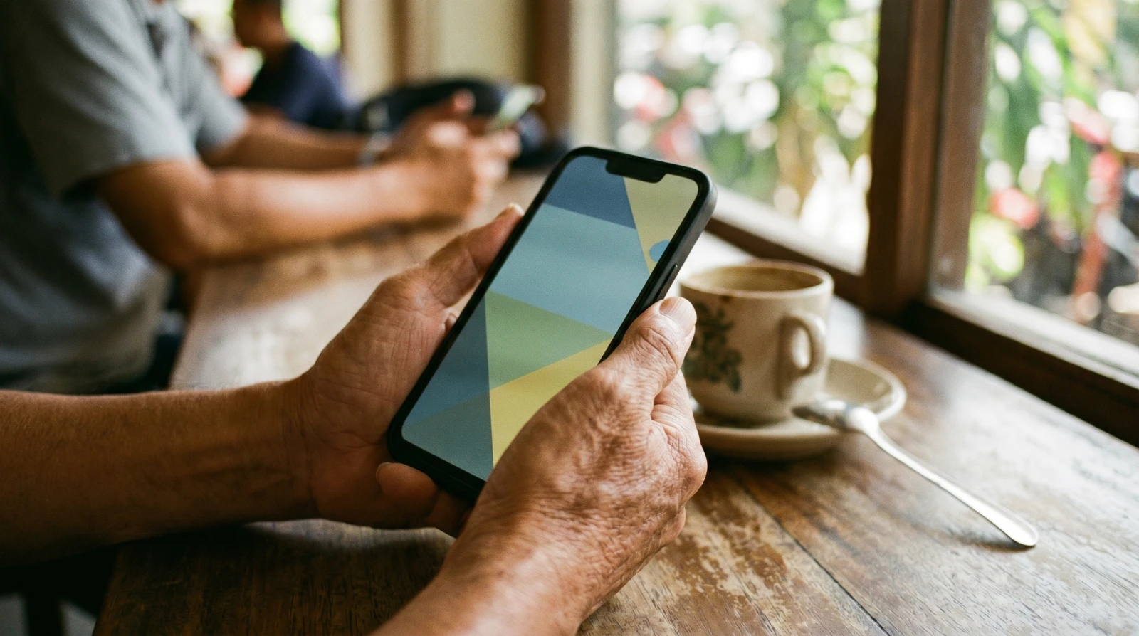 Tangan memegang telefon pintar menunjukkan antara muka aplikasi mobile yang kemas dan ringkas di sebuah kafe