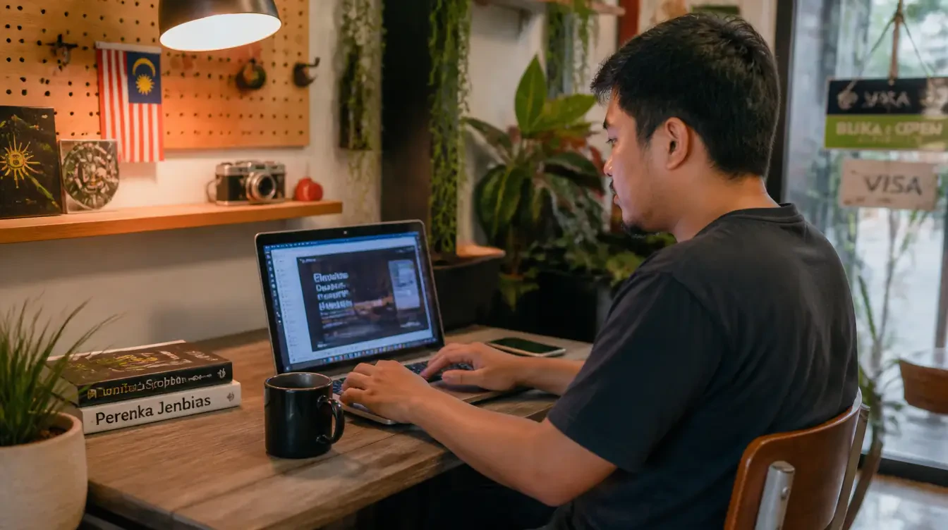 Pemilik perniagaan kecil Malaysia sedang membuat website sendiri menggunakan laptop di kedai