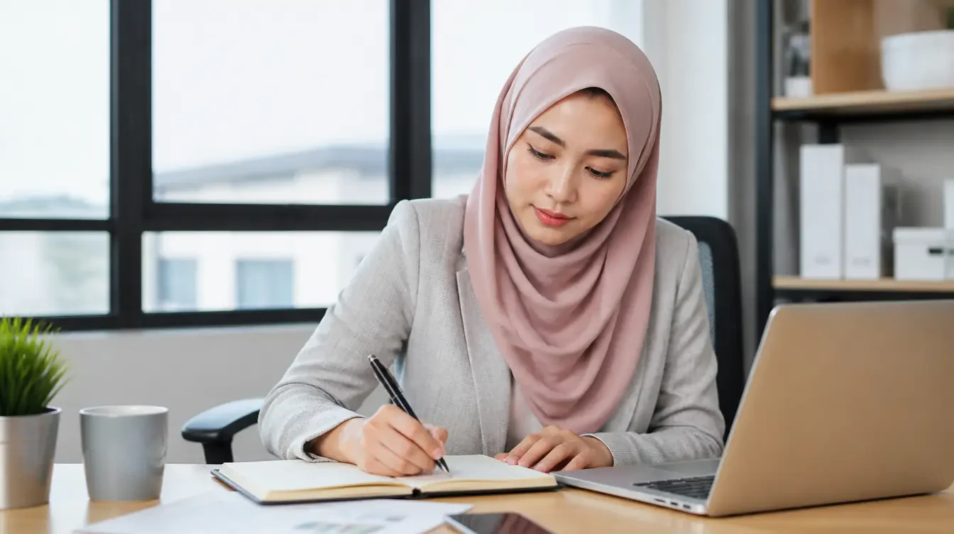Wanita pemilik bisnes Malaysia sedang merancang bajet website di atas meja dengan buku nota dan laptop
