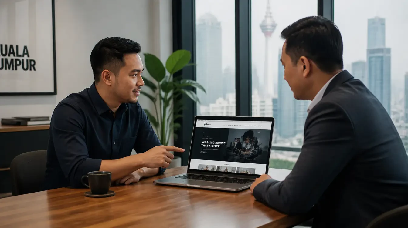 Pemilik syarikat Malaysia berbincang dengan web designer tentang design website di pejabat