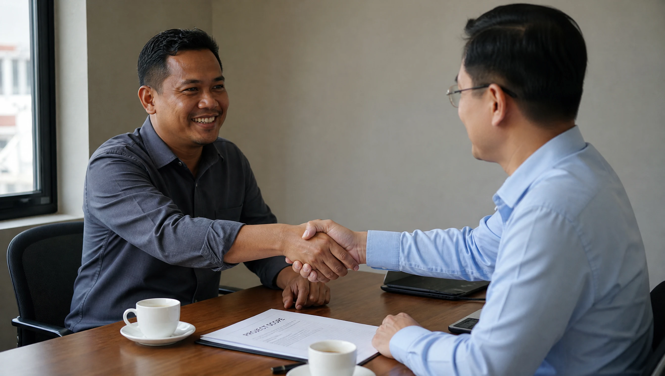 Pengurus projek Malaysia berjabat tangan dengan pelanggan di bilik mesyuarat kecil dengan dokumen skop projek di atas meja