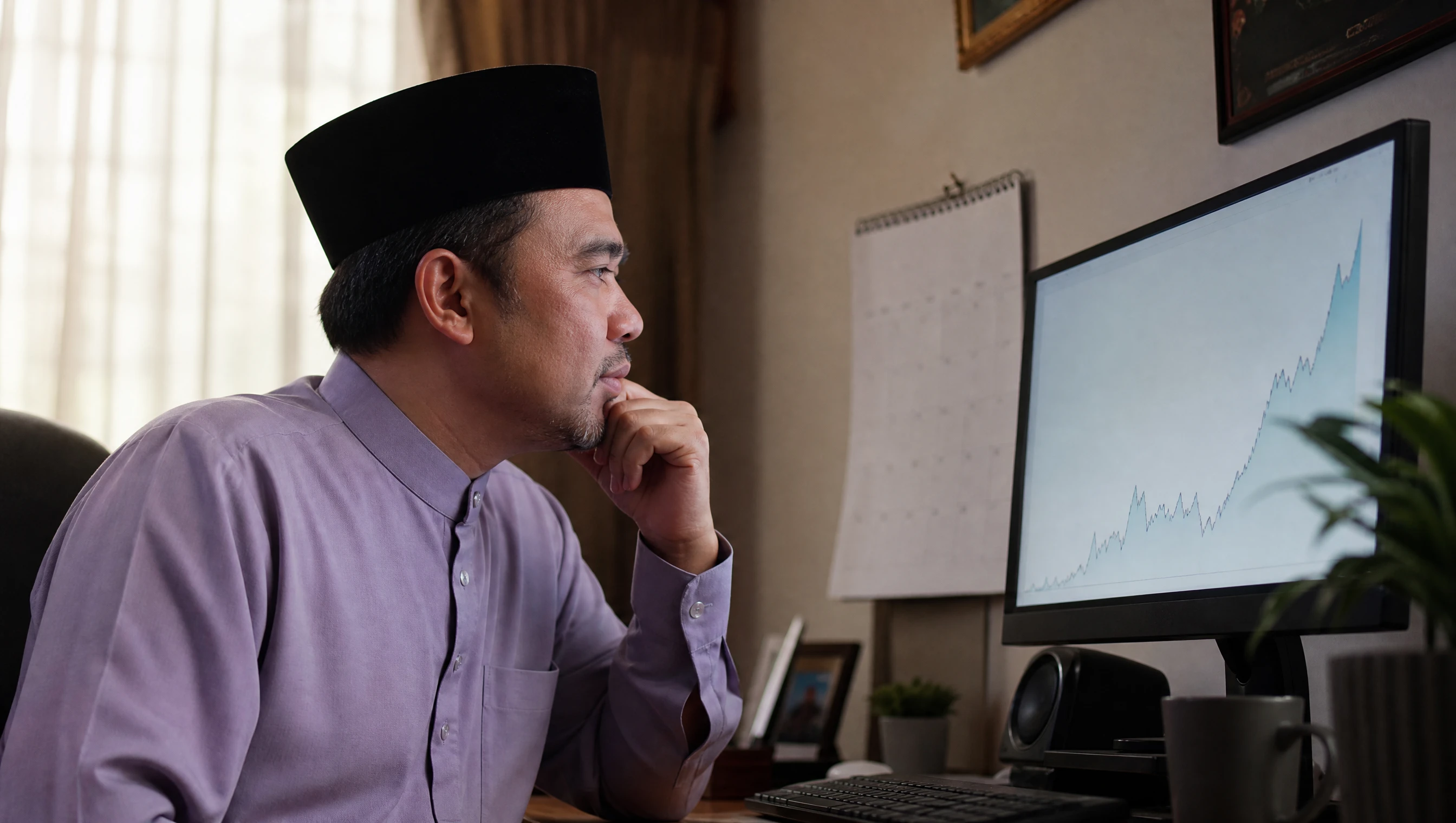 Usahawan Malaysia melihat kalendar dan graf pertumbuhan SEO yang menaik perlahan di skrin komputer