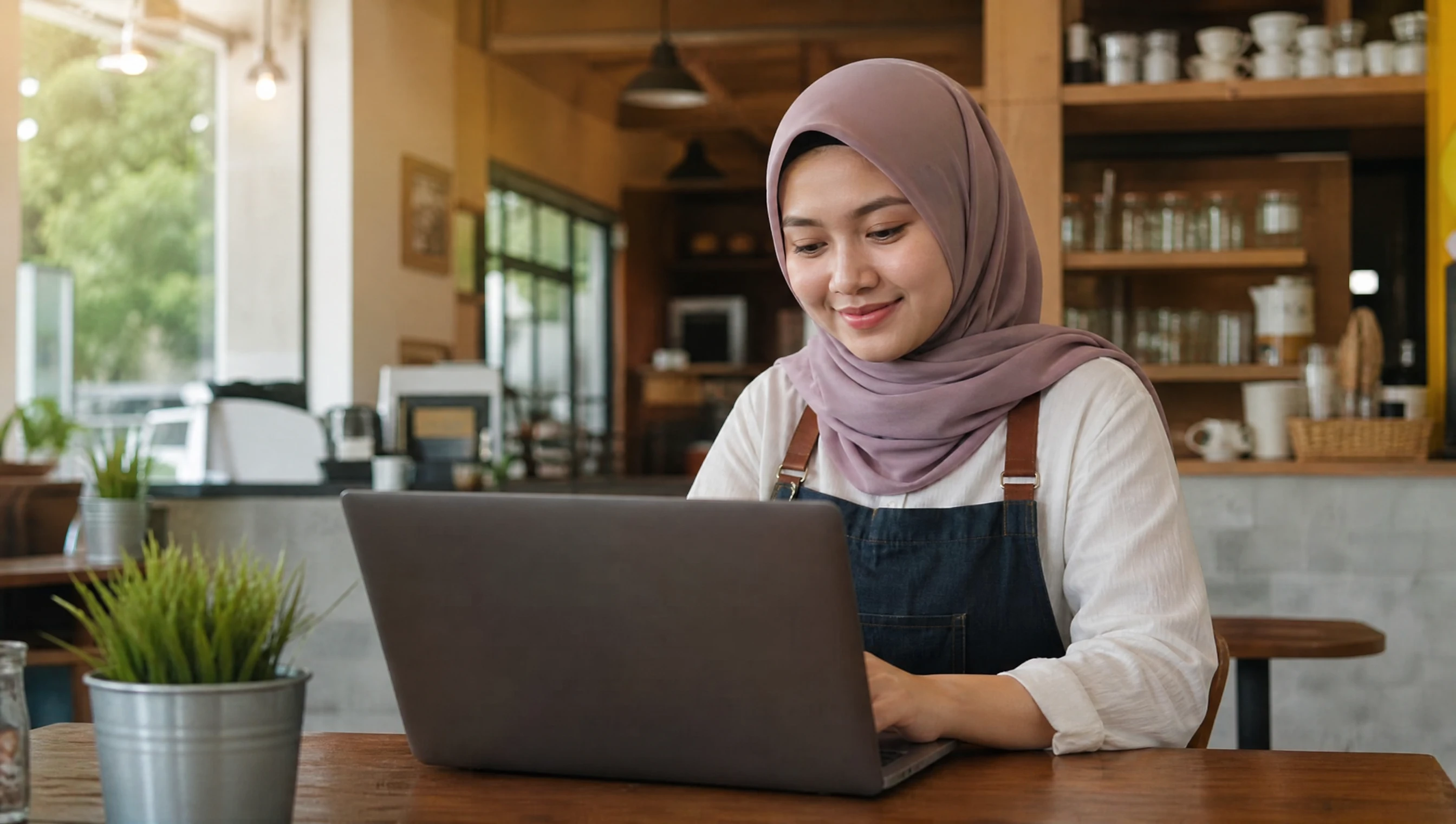 A relaxed Malaysian cafe owner in hijab smiling while working on her laptop, her website running smoothly