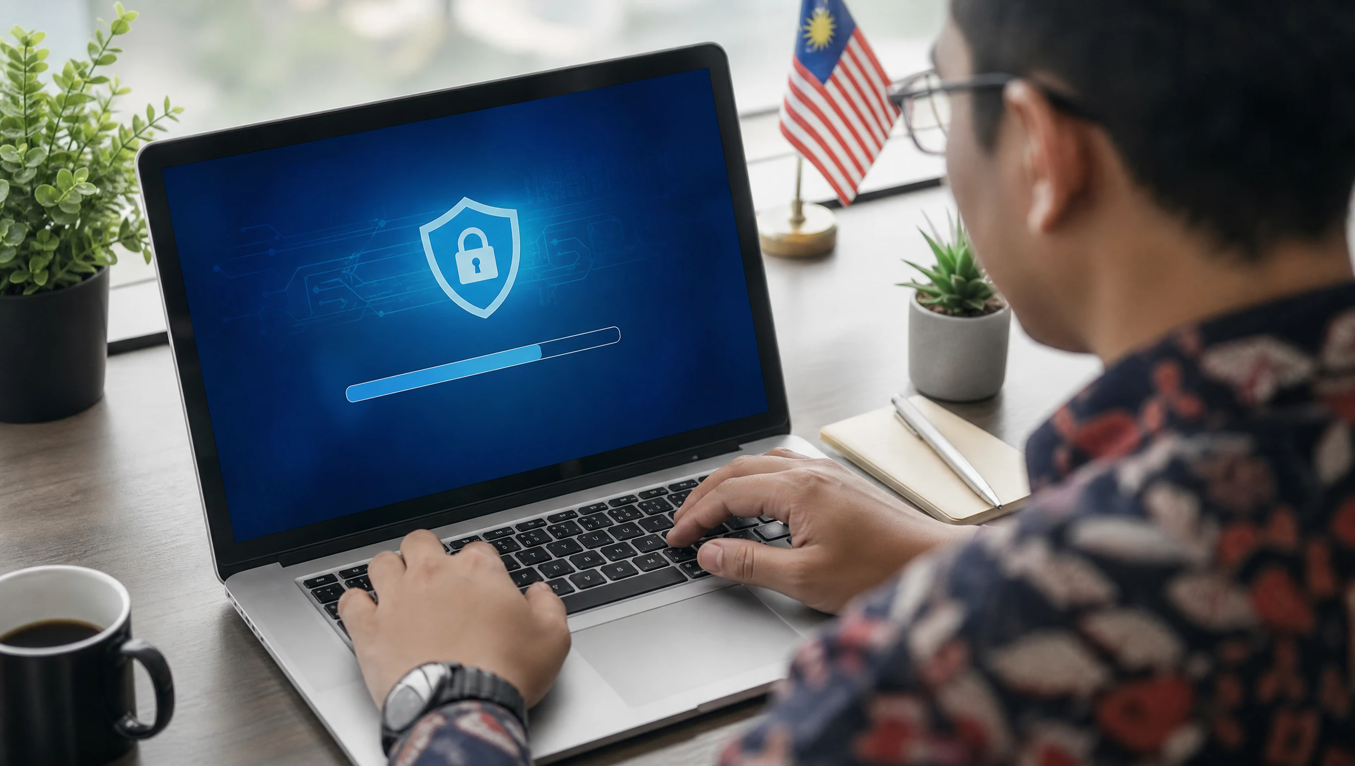 A Malaysian developer running website security updates on a laptop showing a shield icon