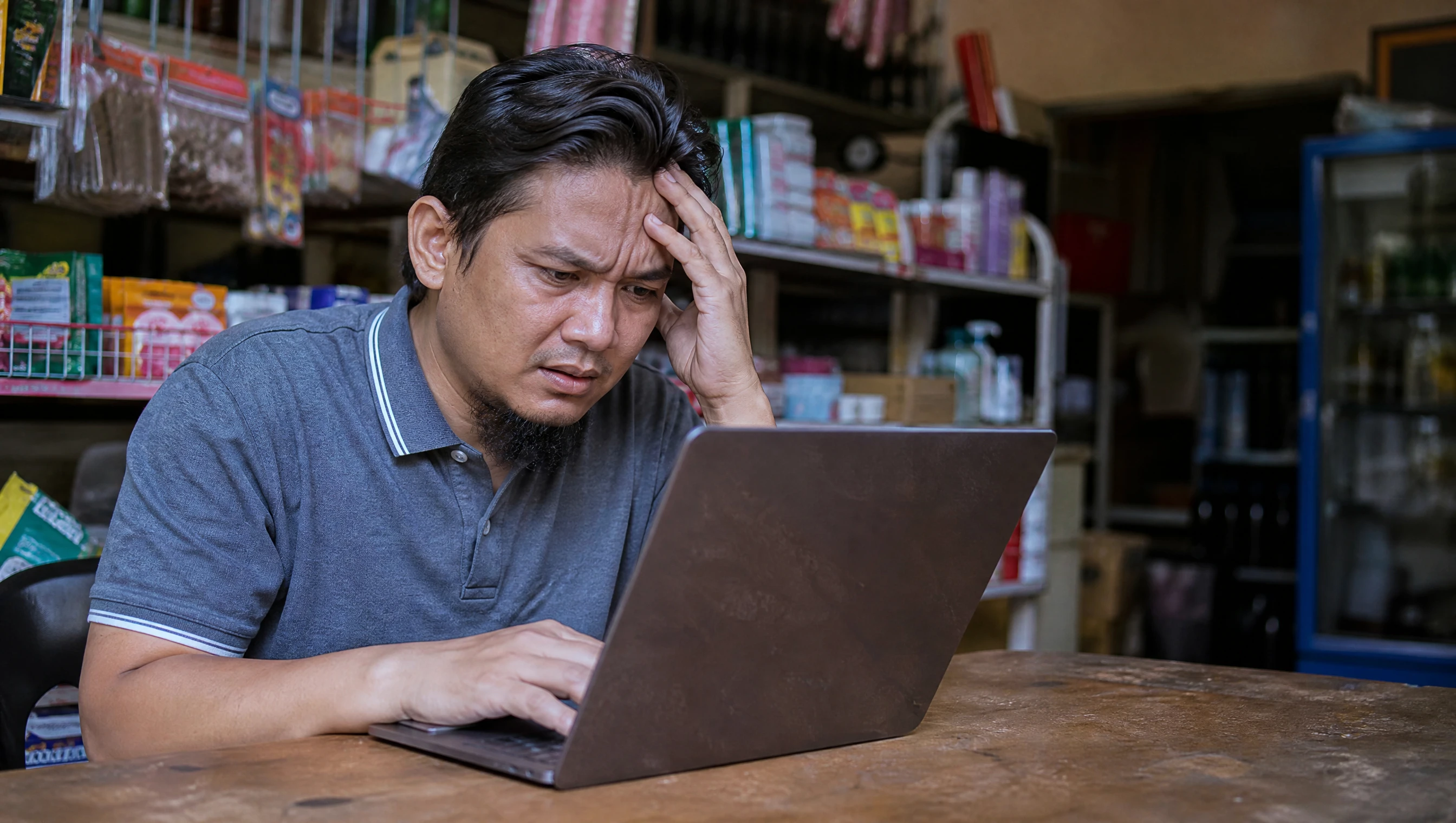 A worried Malaysian shop owner frowning at a broken-looking website on his laptop in his store