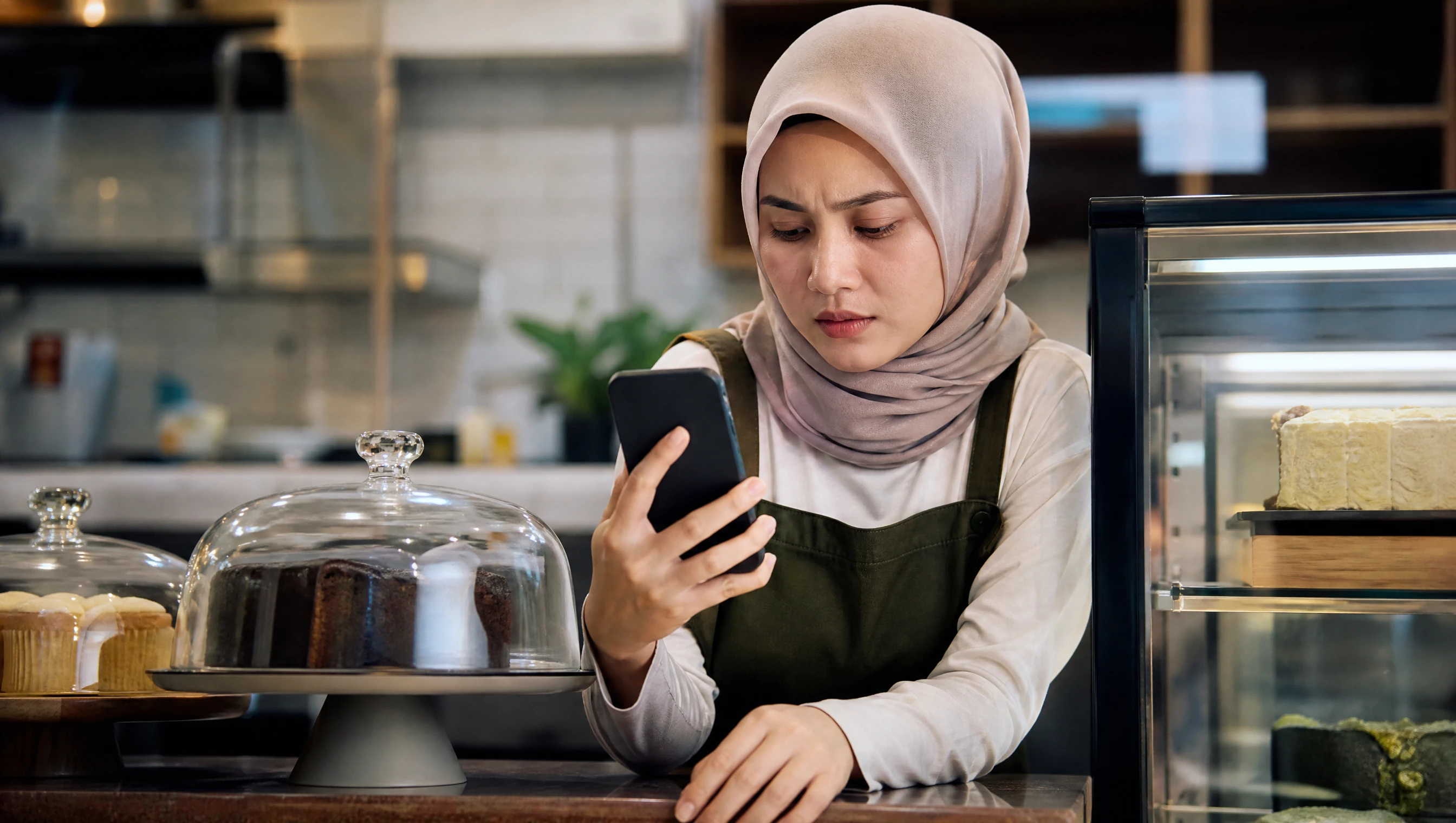 Peniaga wanita Melayu di kedai kek Shah Alam menyemak website sendiri di telefon pintar