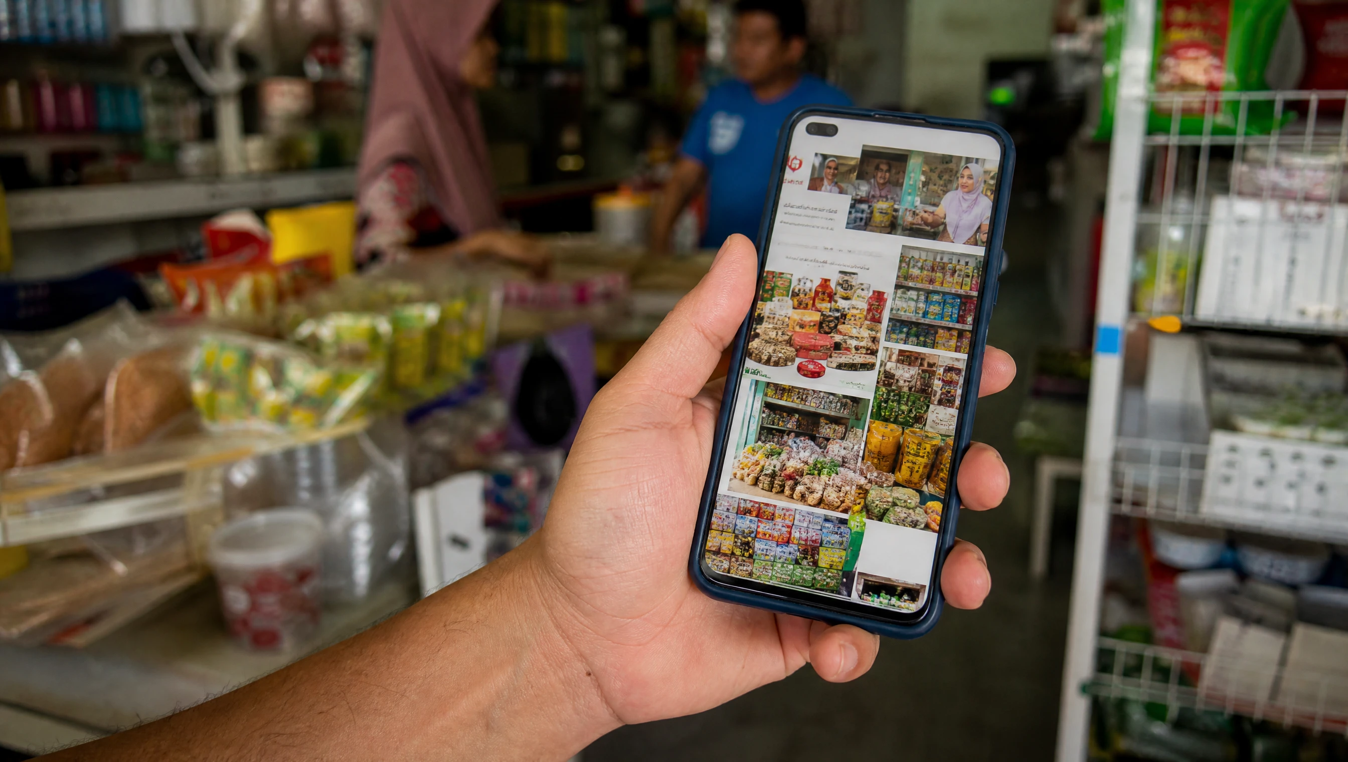 Skrin telefon menunjukkan website kedai runcit Malaysia yang teks terlalu kecil dan bertindih
