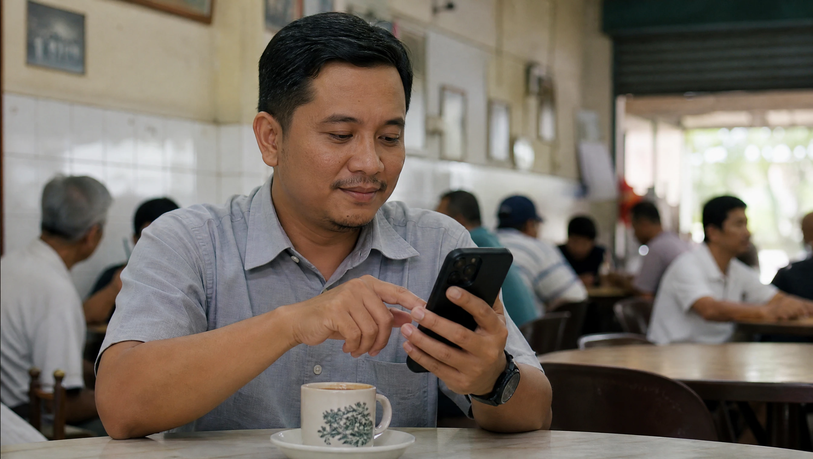 Pelanggan lelaki di kedai kopi Kuala Lumpur membuat tempahan online dengan mudah menggunakan telefon