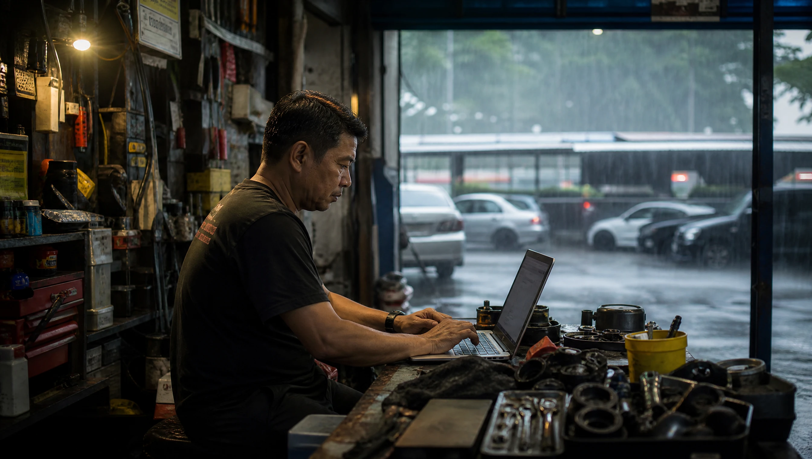 Pemilik bengkel kereta Malaysia menggunakan laptop di meja kerja semasa hujan lebat di luar pintu bengkel