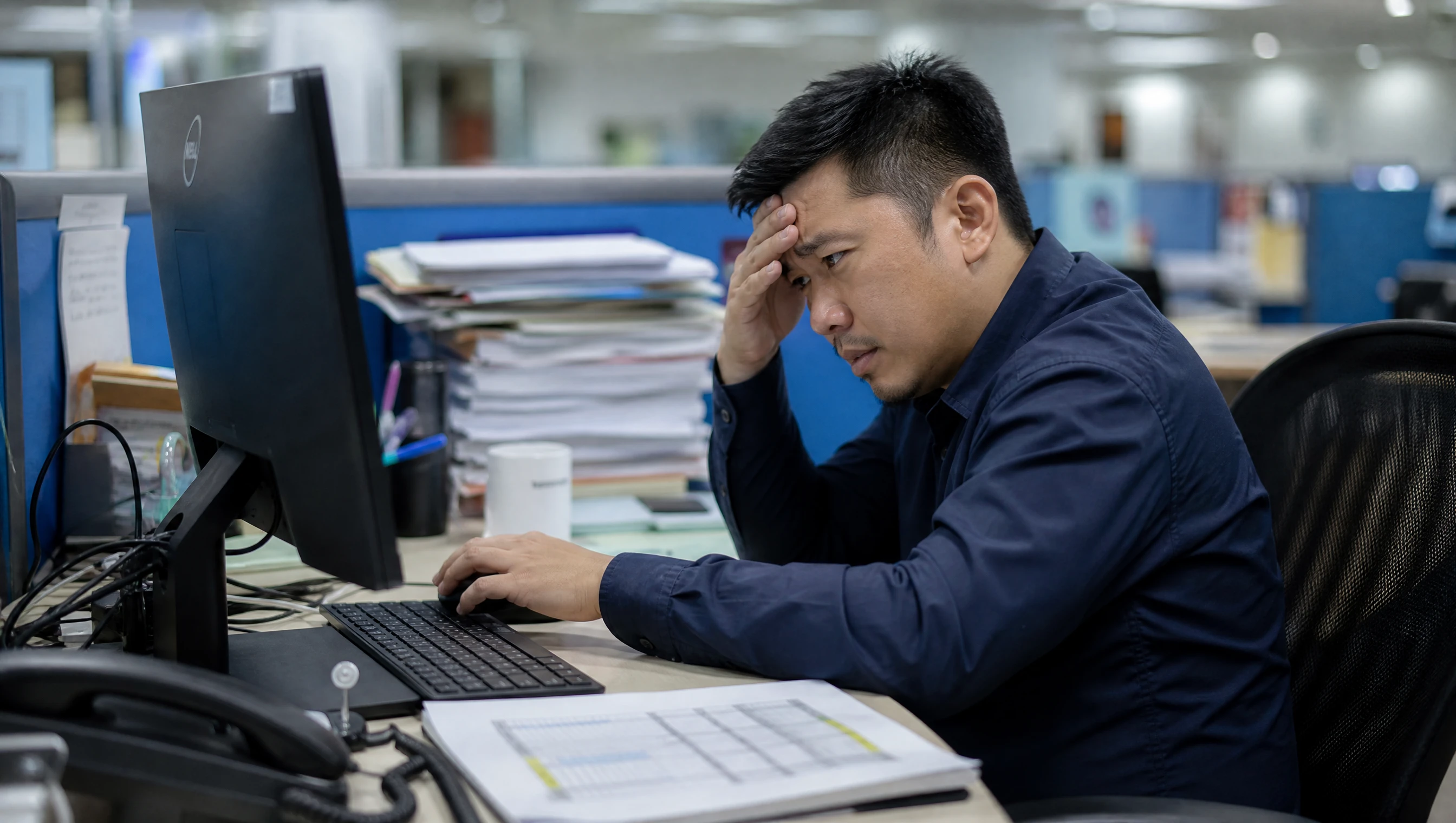 Pekerja pejabat Malaysia menunggu skrin yang lambat memuat sambil mengurut dahi di meja pejabat