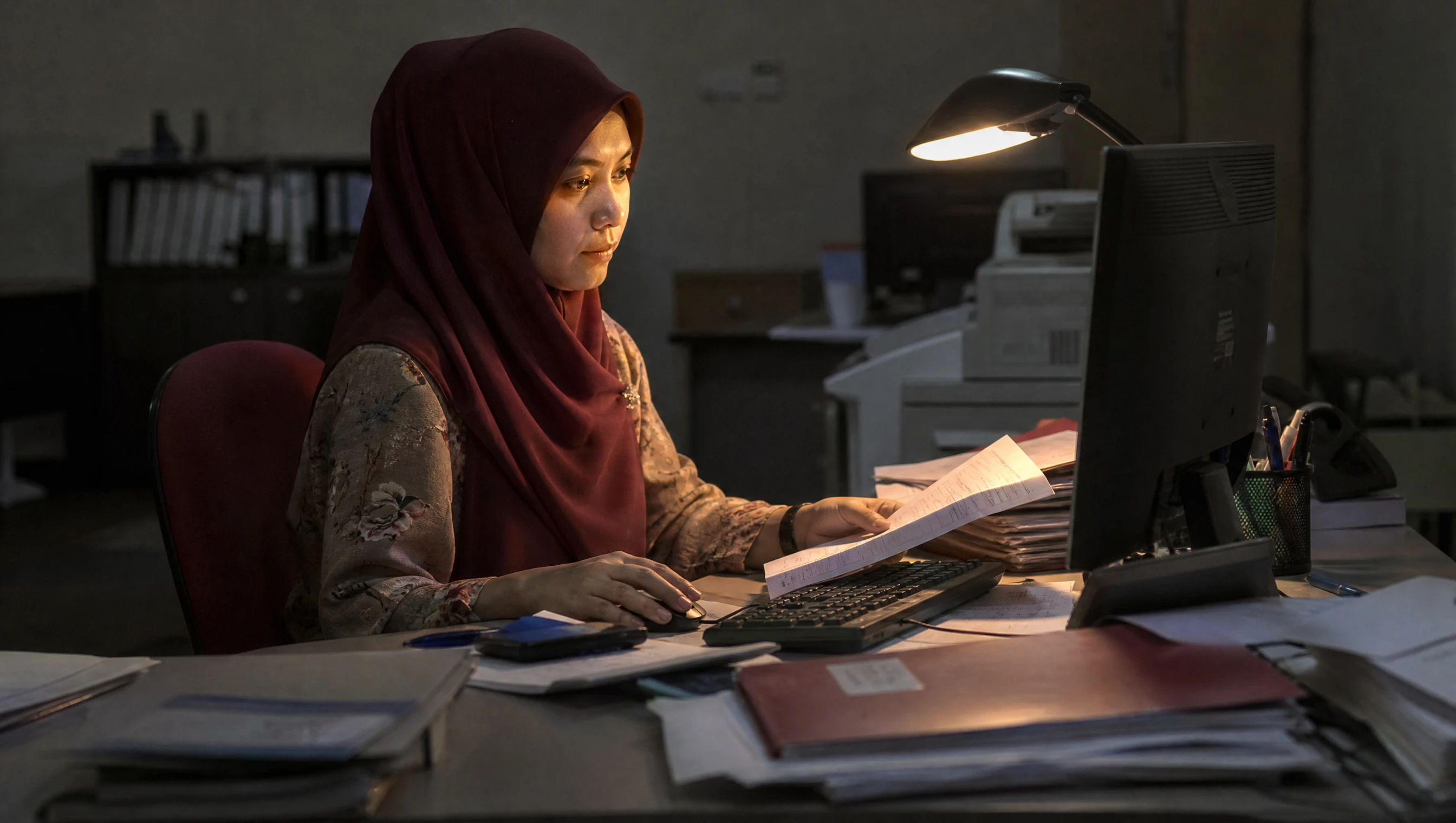 Kerani akaun Malaysia memasukkan data dari timbunan invois kertas ke komputer di pejabat kecil pada waktu malam